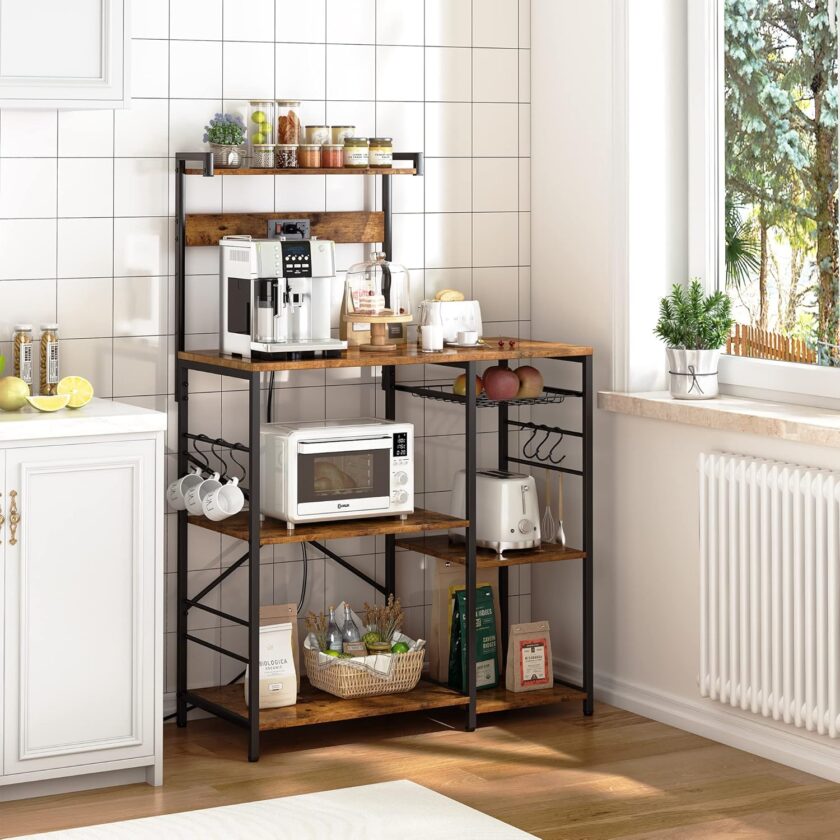 SUPERJARE Bakers Rack with Power Outlet, Microwave Stand, Coffee Bar with Wire Basket, Kitchen Storage Rack with 6 S-Hooks, Kitchen Shelves for Spices, Pots and Pans - Rustic Brown - Image 2