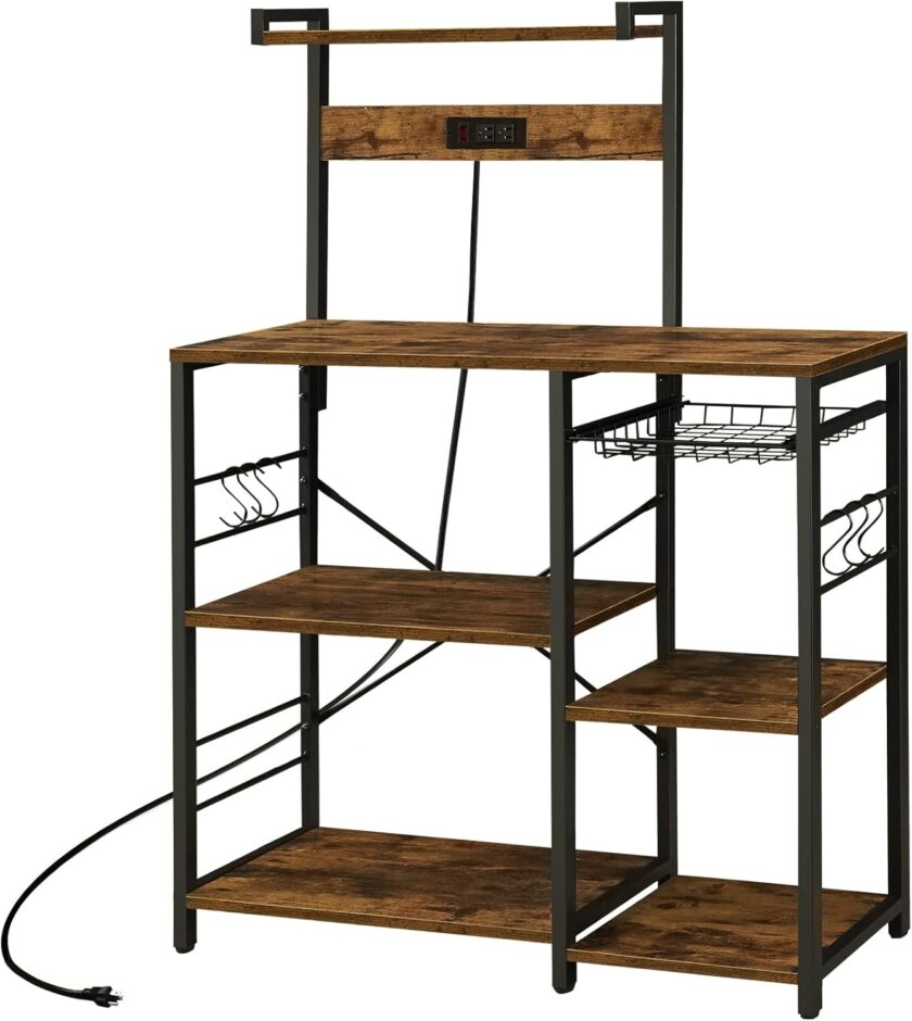 SUPERJARE Bakers Rack with Power Outlet, Microwave Stand, Coffee Bar with Wire Basket, Kitchen Storage Rack with 6 S-Hooks, Kitchen Shelves for Spices, Pots and Pans - Rustic Brown - Image 9