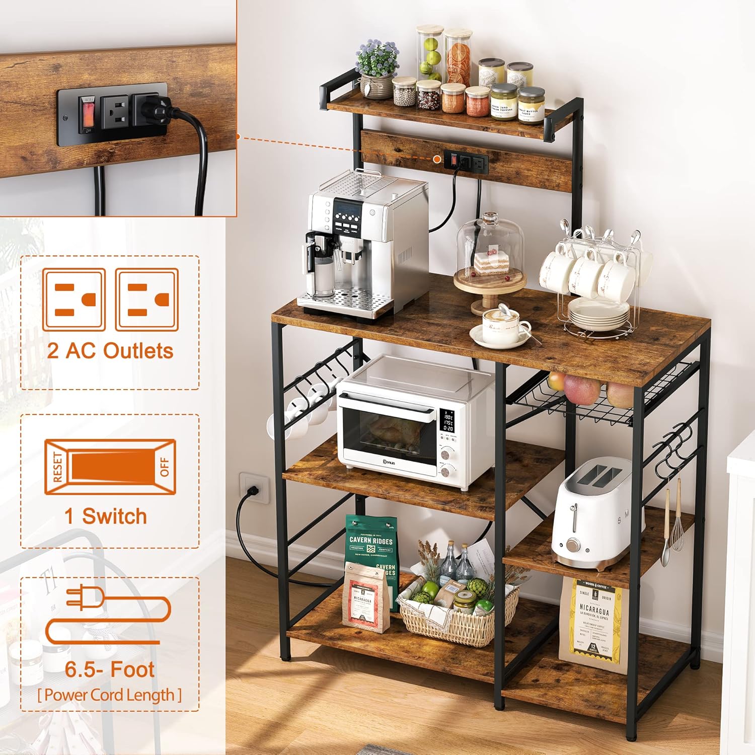 SUPERJARE Bakers Rack with Power Outlet, Microwave Stand, Coffee Bar with Wire Basket, Kitchen Storage Rack with 6 S-Hooks, Kitchen Shelves for Spices, Pots and Pans - Rustic Brown - Image 3
