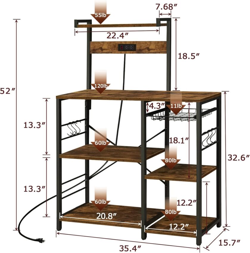 SUPERJARE Bakers Rack with Power Outlet, Microwave Stand, Coffee Bar with Wire Basket, Kitchen Storage Rack with 6 S-Hooks, Kitchen Shelves for Spices, Pots and Pans - Vintage Brown - Image 5