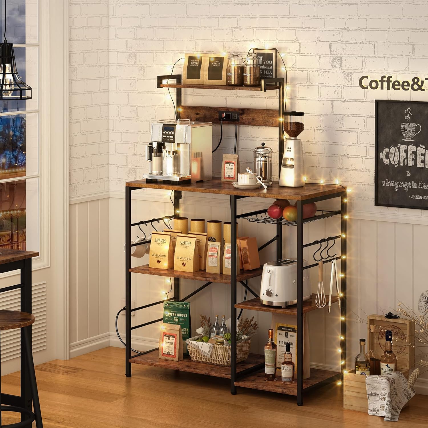 SUPERJARE Bakers Rack with Power Outlet, Microwave Stand, Coffee Bar with Wire Basket, Kitchen Storage Rack with 6 S-Hooks, Kitchen Shelves for Spices, Pots and Pans - Vintage Brown - Image 4