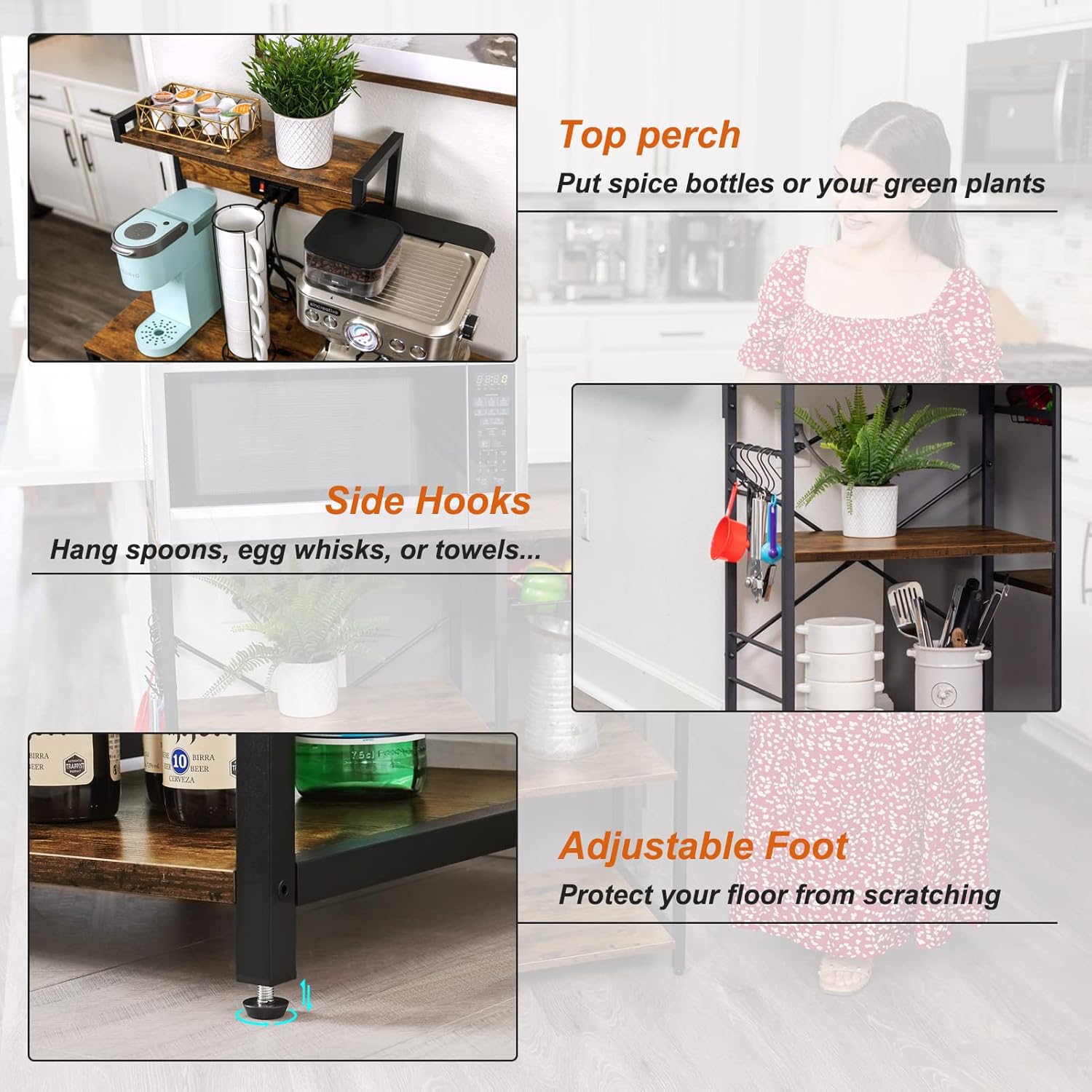 SUPERJARE Bakers Rack with Power Outlet, Microwave Stand, Coffee Bar with Wire Basket, Kitchen Storage Rack with 6 S-Hooks, Kitchen Shelves for Spices, Pots and Pans - Vintage Brown - Image 7