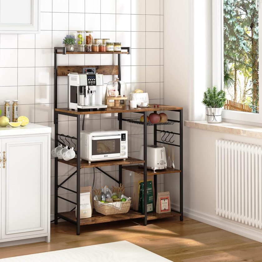 SUPERJARE Bakers Rack with Power Outlet, Microwave Stand, Coffee Bar with Wire Basket, Kitchen Storage Rack with 6 S-Hooks, Kitchen Shelves for Spices, Pots and Pans - Vintage Brown - Image 2