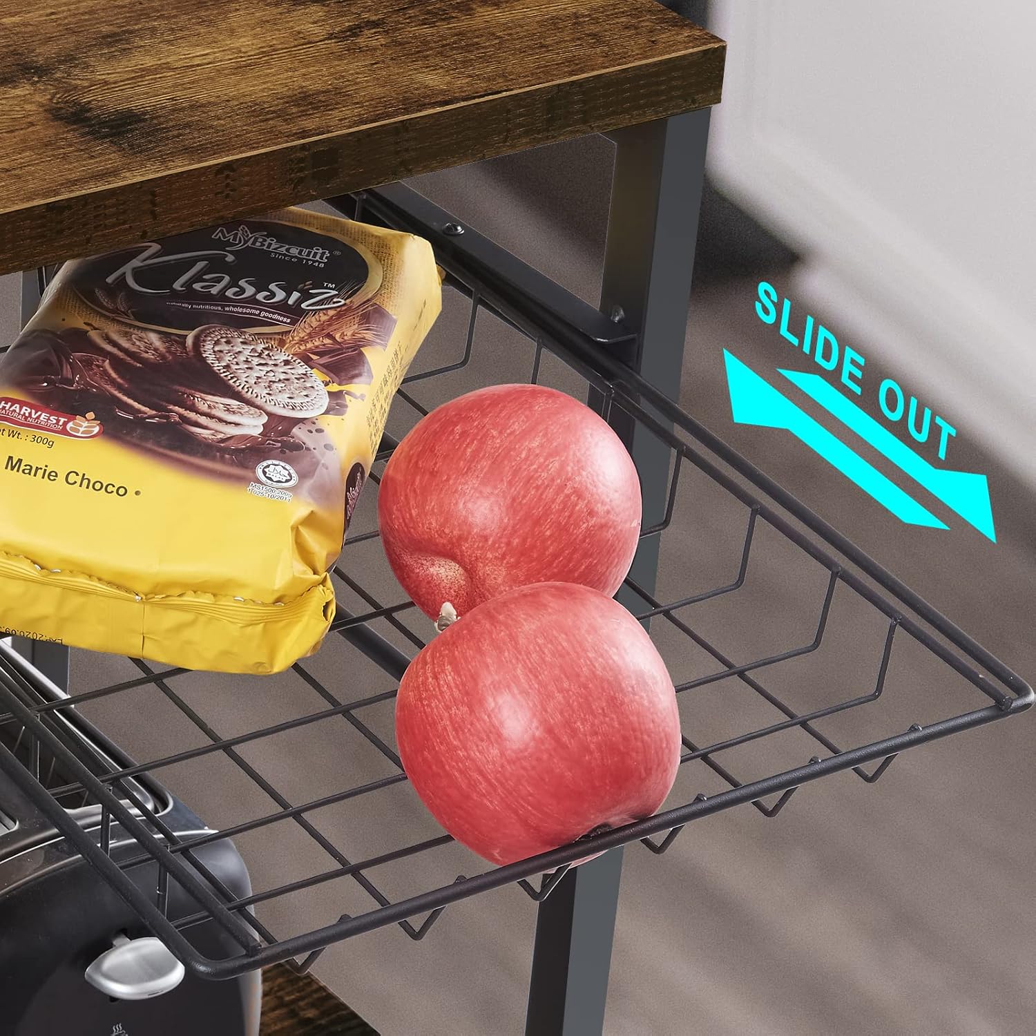 SUPERJARE Bakers Rack with Power Outlet, Microwave Stand, Coffee Bar with Wire Basket, Kitchen Storage Rack with 6 S-Hooks, Kitchen Shelves for Spices, Pots and Pans - Vintage Brown - Image 6