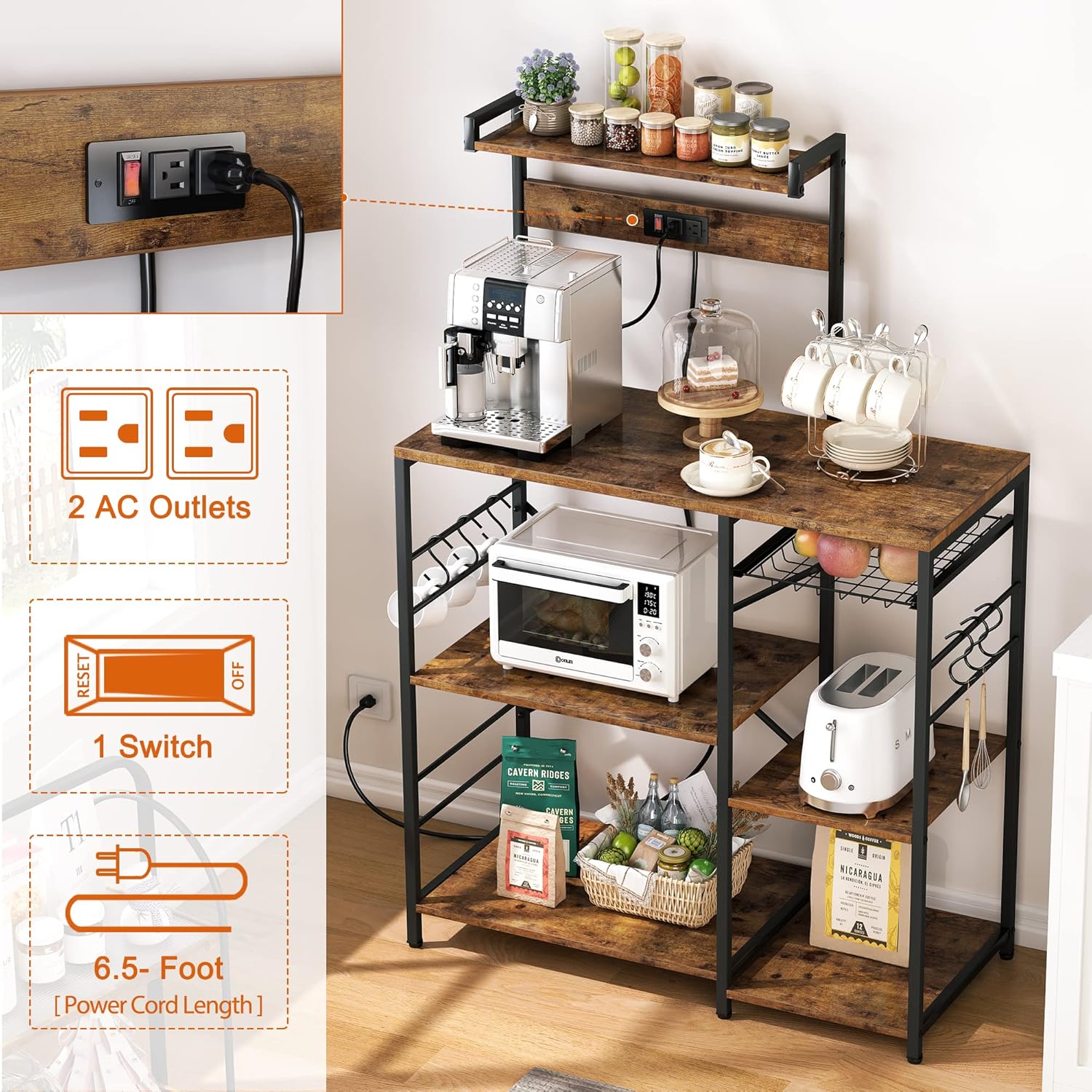 SUPERJARE Bakers Rack with Power Outlet, Microwave Stand, Coffee Bar with Wire Basket, Kitchen Storage Rack with 6 S-Hooks, Kitchen Shelves for Spices, Pots and Pans - Vintage Brown - Image 3