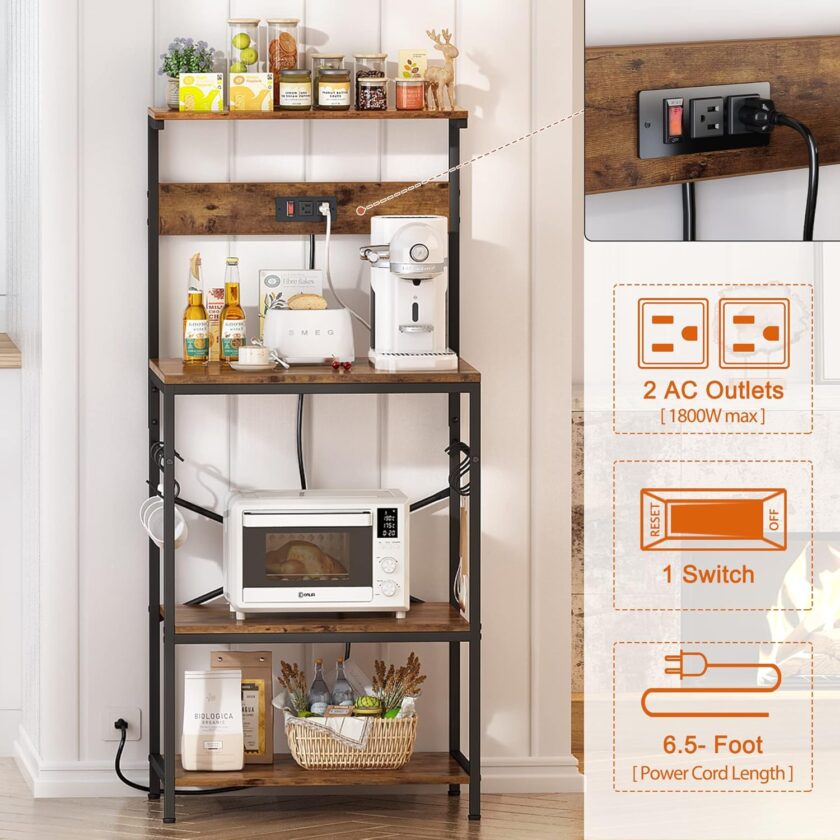 SUPERJARE Kitchen Bakers Rack with Power Outlet, Coffee Bar Table 4 Tiers, Kitchen Microwave Stand with 6 S-Shaped Hooks, Kitchen Storage Shelf Rack for Spices, Pots and Pans - Vintage Brown - Image 3