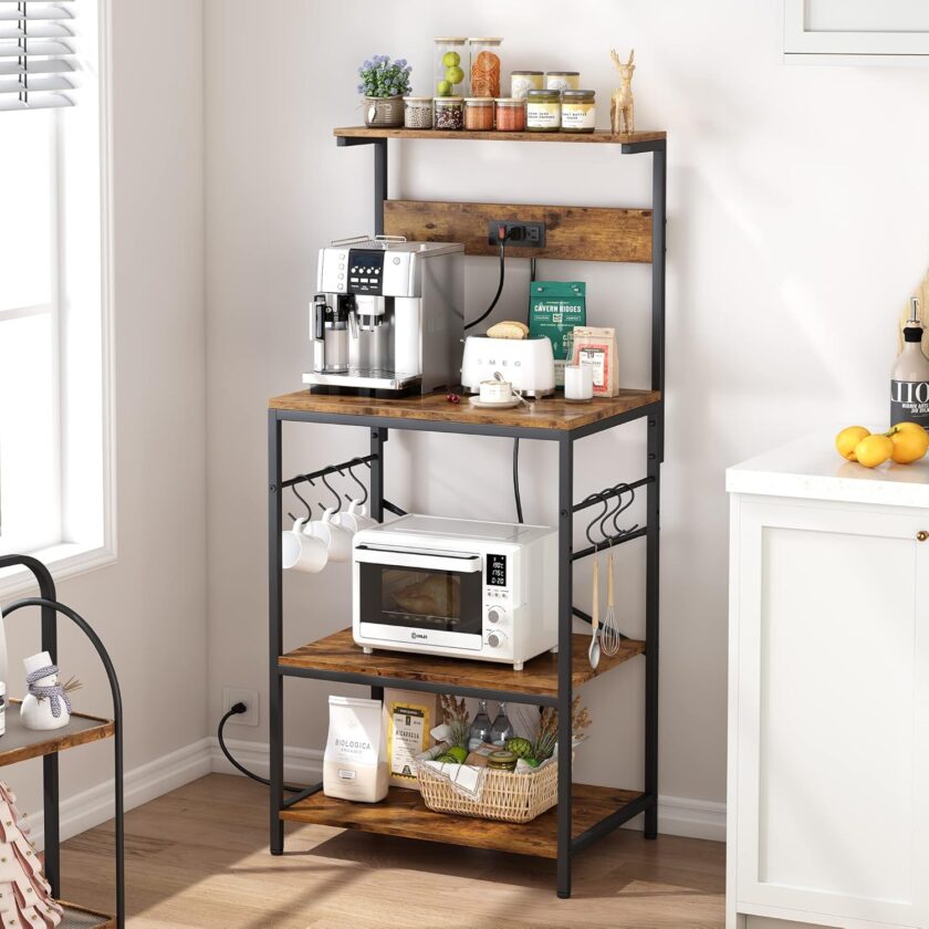 SUPERJARE Kitchen Bakers Rack with Power Outlet, Coffee Bar Table 4 Tiers, Kitchen Microwave Stand with 6 S-Shaped Hooks, Kitchen Storage Shelf Rack for Spices, Pots and Pans - Vintage Brown - Image 2
