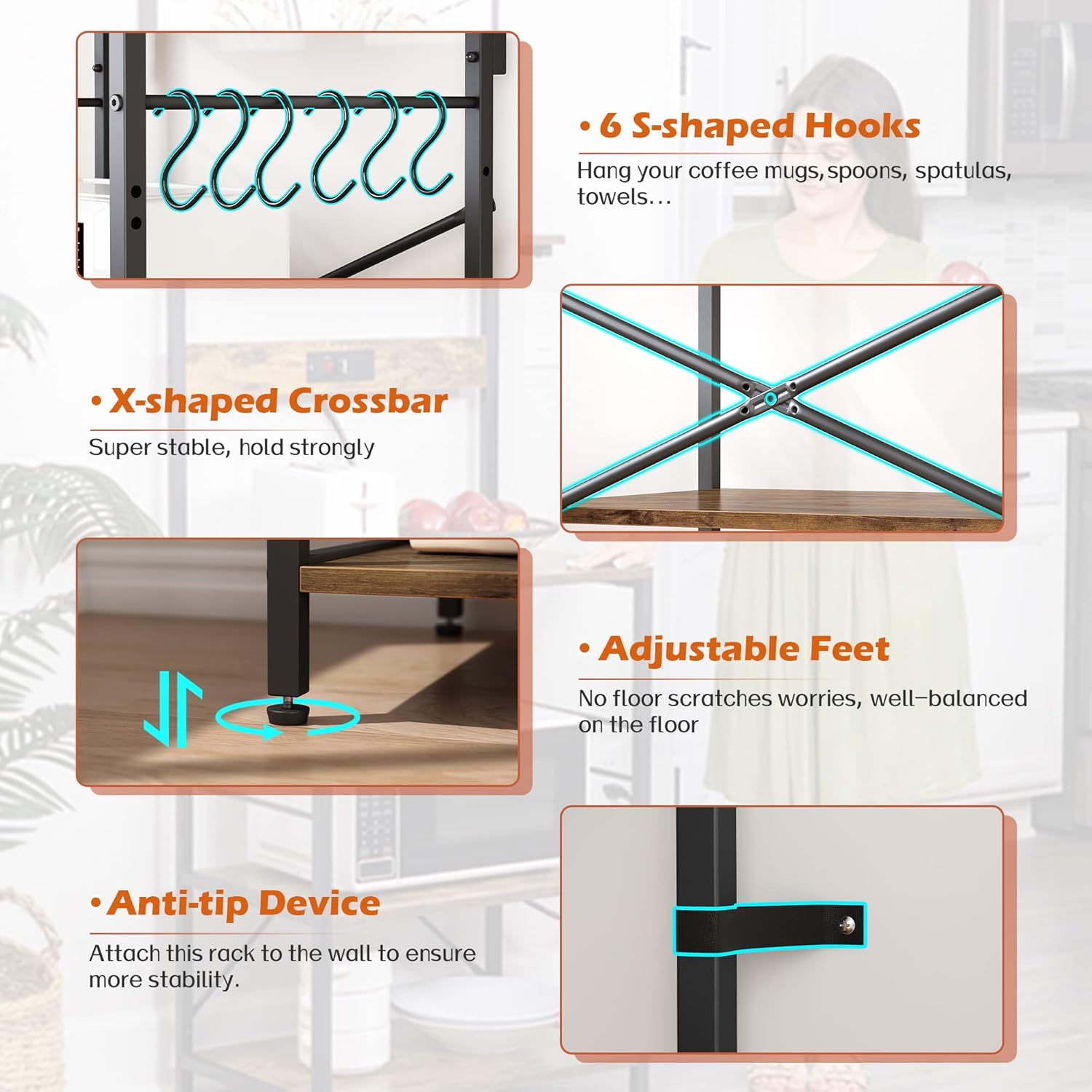 SUPERJARE Kitchen Bakers Rack with Power Outlet, Coffee Bar Table 4 Tiers, Kitchen Microwave Stand with 6 S-Shaped Hooks, Kitchen Storage Shelf Rack for Spices, Pots and Pans - Vintage Brown - Image 5