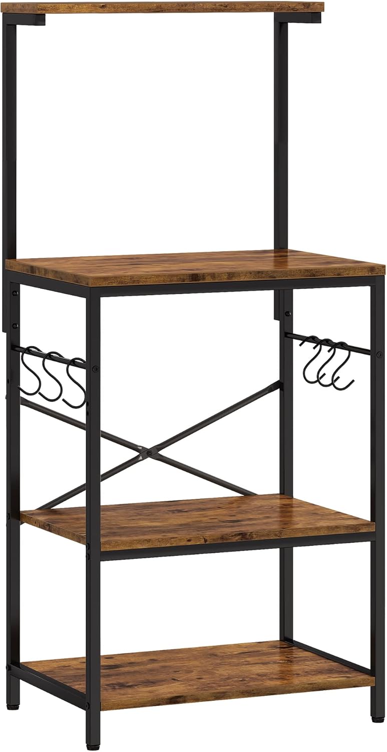 SUPERJARE Kitchen Bakers Rack with Power Outlet, Coffee Bar Table 4 Tiers, Kitchen Microwave Stand with 6 S-Shaped Hooks, Kitchen Storage Shelf Rack for Spices, Pots and Pans - Vintage Brown - Image 8
