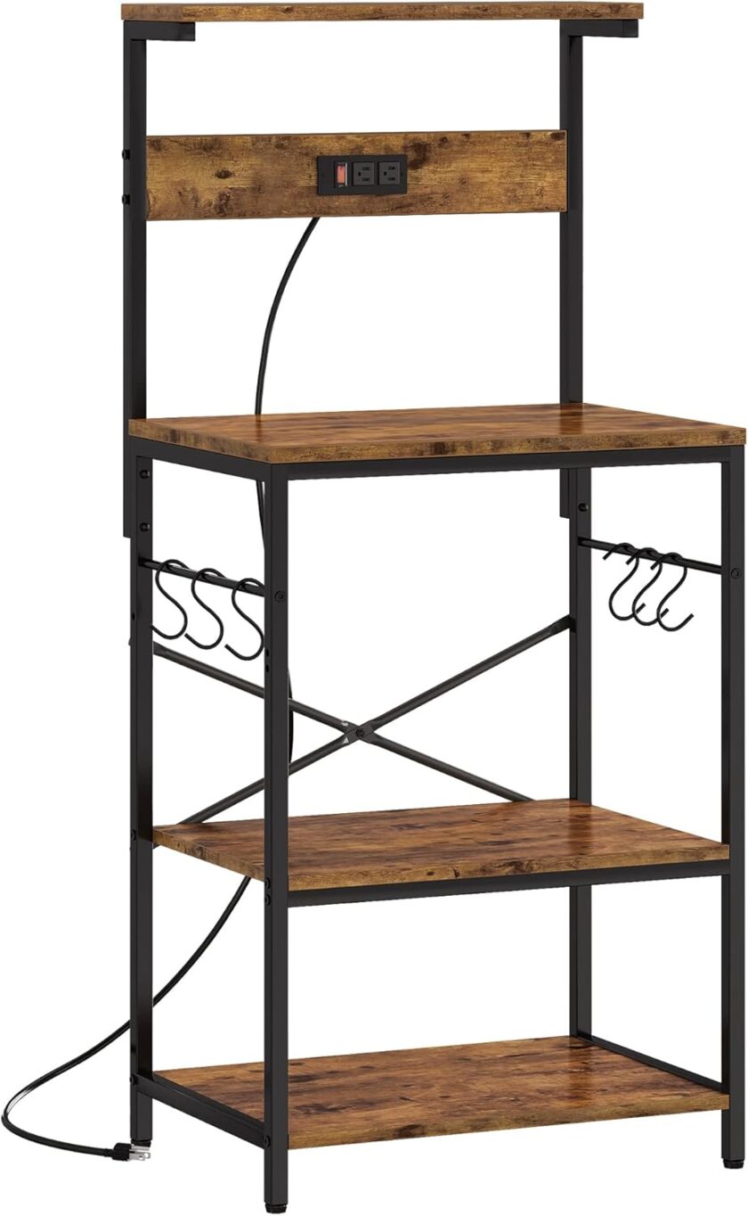 SUPERJARE Kitchen Bakers Rack with Power Outlet, Coffee Bar Table 4 Tiers, Kitchen Microwave Stand with 6 S-Shaped Hooks, Kitchen Storage Shelf Rack for Spices, Pots and Pans - Vintage Brown