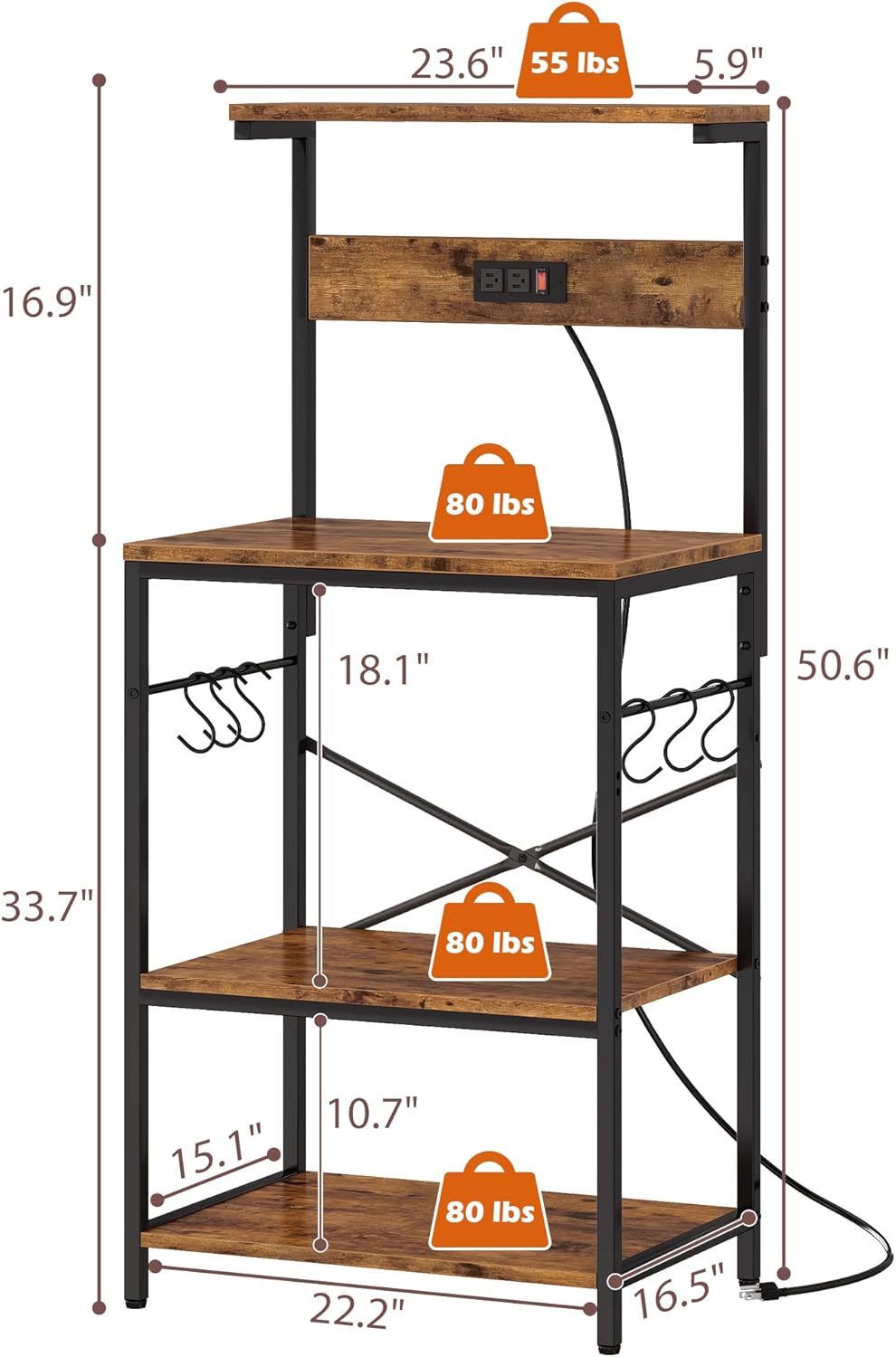 SUPERJARE Kitchen Bakers Rack with Power Outlet, Coffee Bar Table 4 Tiers, Kitchen Microwave Stand with 6 S-Shaped Hooks, Kitchen Storage Shelf Rack for Spices, Pots and Pans - Vintage Brown - Image 4