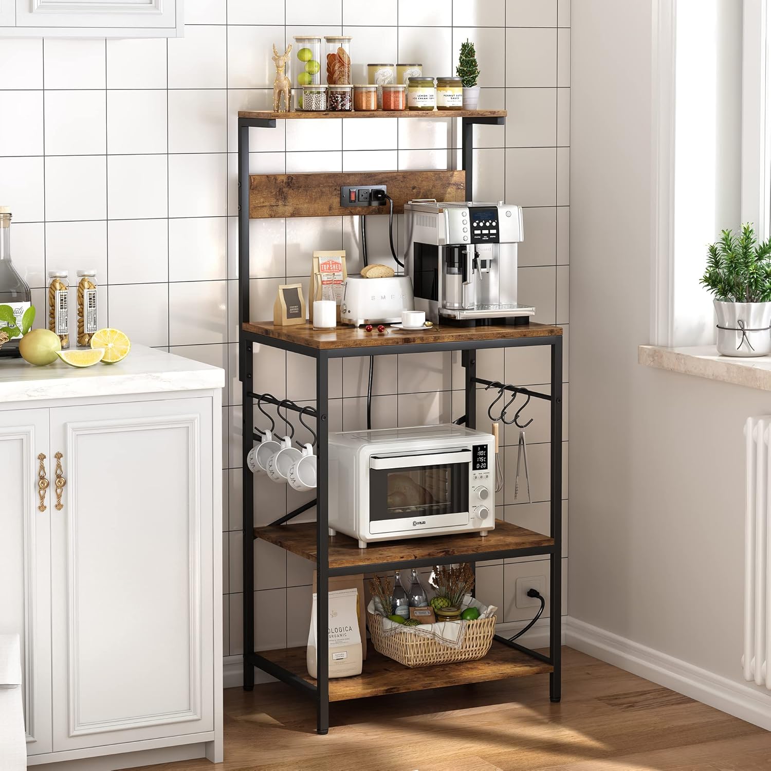 SUPERJARE Kitchen Bakers Rack with Power Outlet, Coffee Bar Table 4 Tiers, Kitchen Microwave Stand with 6 S-Shaped Hooks, Kitchen Storage Shelf Rack for Spices, Pots and Pans - Vintage Brown - Image 7