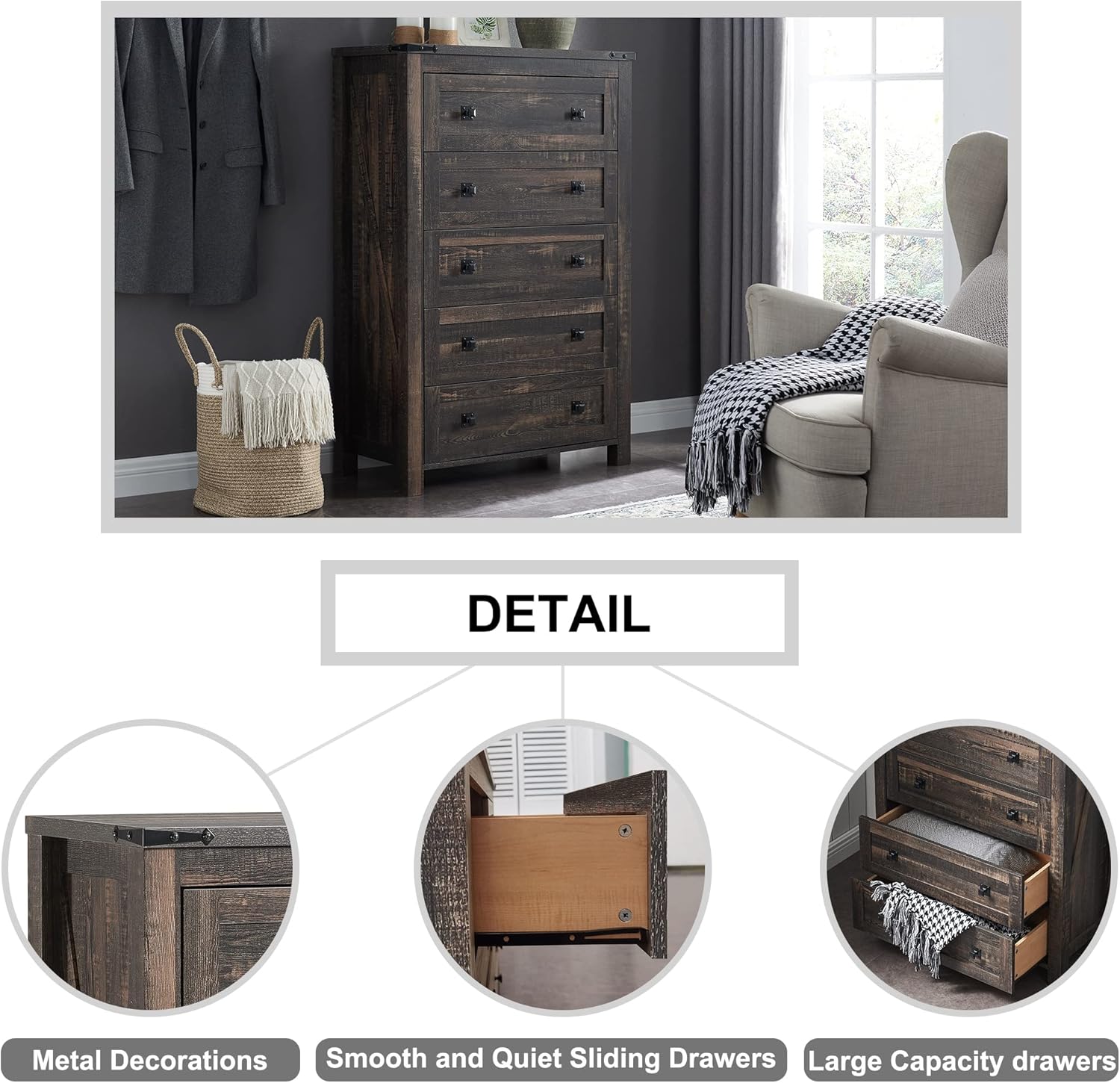 T4TREAM Farmhouse 5 Drawers Dresser Chests for Bedroom, Wood Rustic Tall Chset of Drawers,Dressers Organizer for Bedroom, Living Room,Hallway, Dark Rustic Oak - Image 5