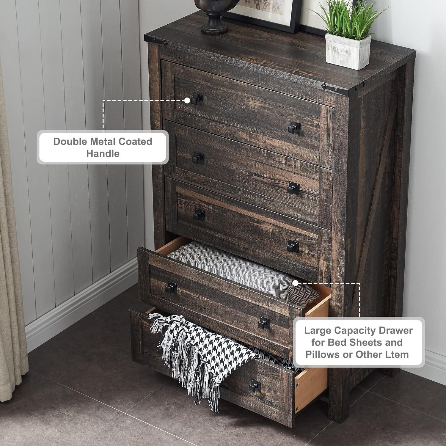 T4TREAM Farmhouse 5 Drawers Dresser Chests for Bedroom, Wood Rustic Tall Chset of Drawers,Dressers Organizer for Bedroom, Living Room,Hallway, Dark Rustic Oak - Image 4