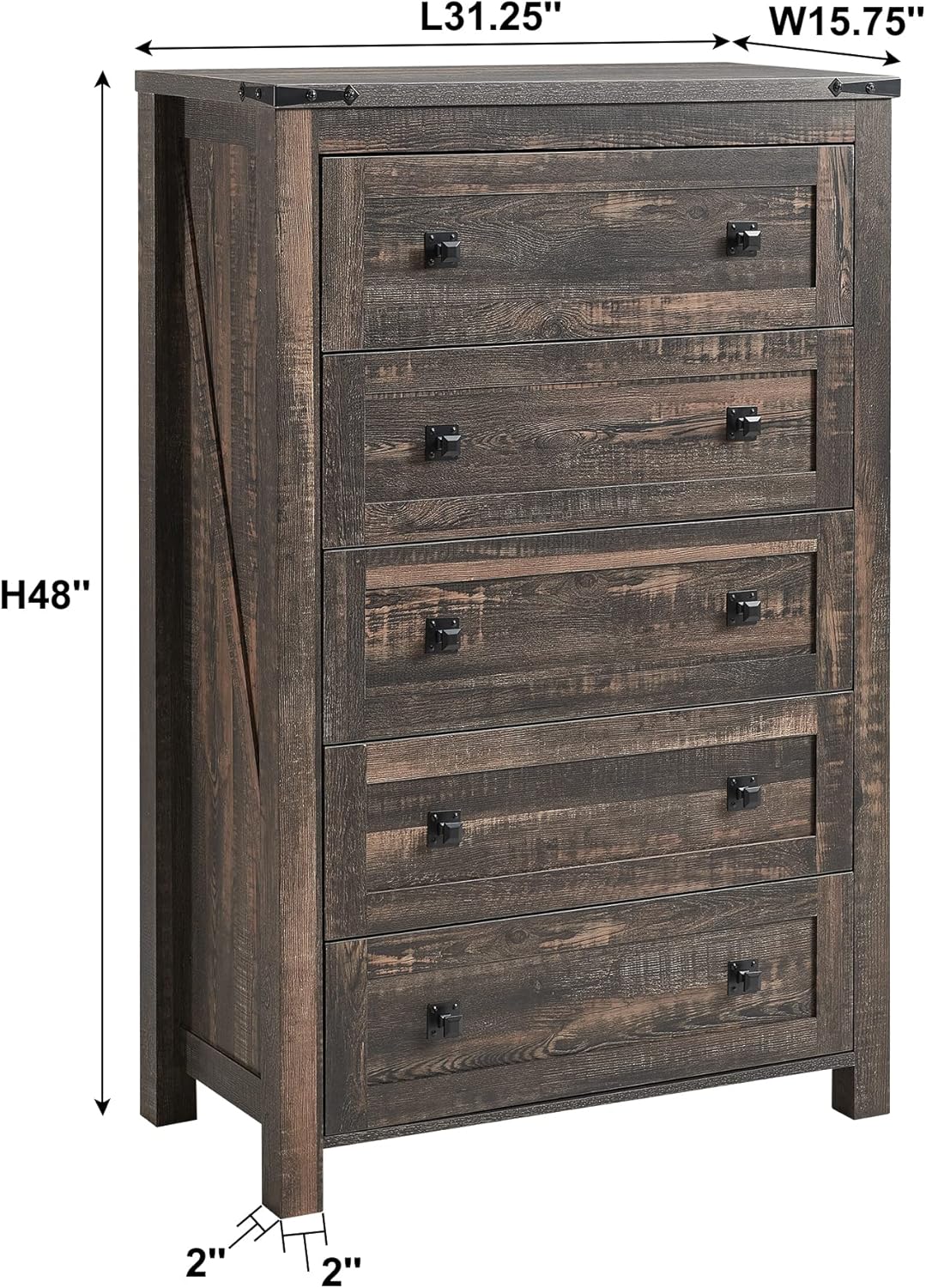 T4TREAM Farmhouse 5 Drawers Dresser Chests for Bedroom, Wood Rustic Tall Chset of Drawers,Dressers Organizer for Bedroom, Living Room,Hallway, Dark Rustic Oak - Image 2