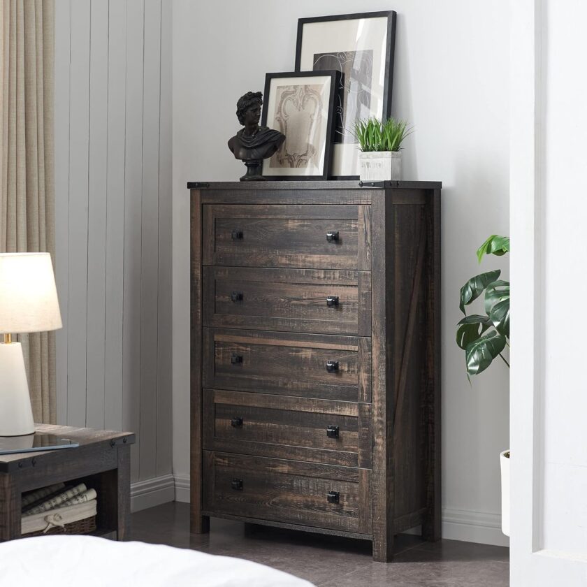 T4TREAM Farmhouse 5 Drawers Dresser Chests for Bedroom, Wood Rustic Tall Chset of Drawers,Dressers Organizer for Bedroom, Living Room,Hallway, Dark Rustic Oak - Image 3