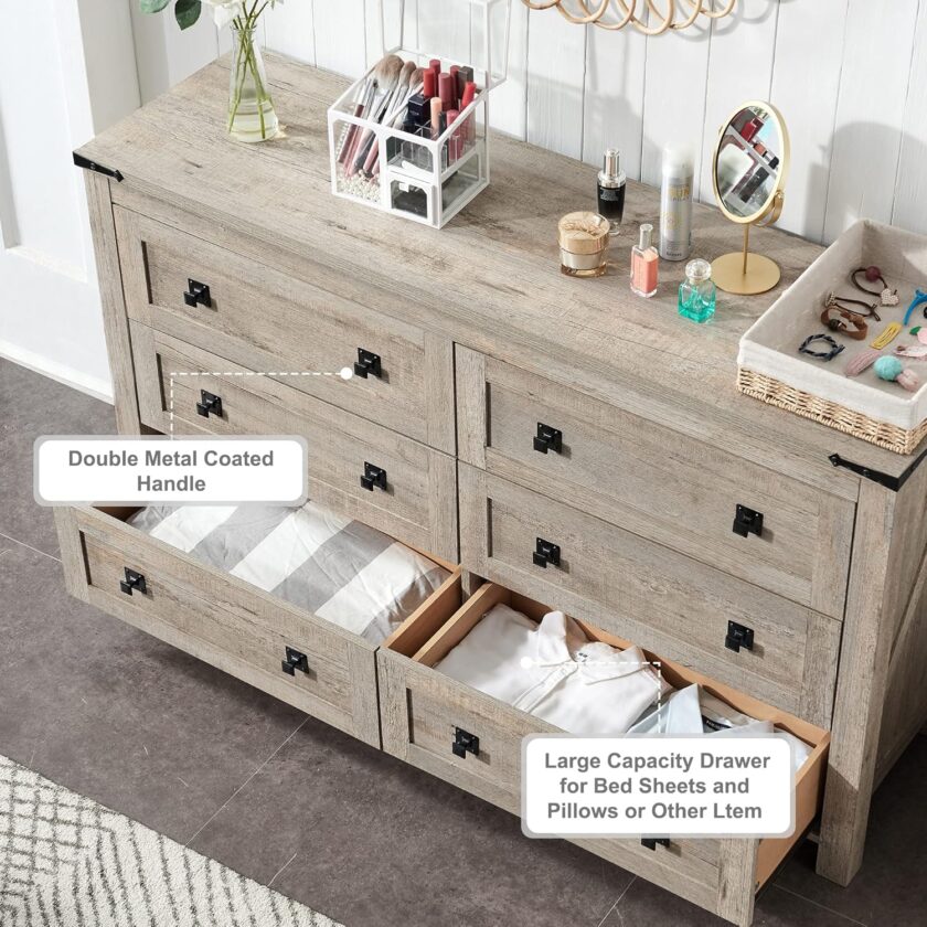 T4TREAM Farmhouse 6 Drawers Dresser Chests for Bedroom, Wood Rustic Wide Chset of Drawers,Storage Dressers Organizer for Bedroom, Living Room,Hallway, Light Rustic Oak - Image 4