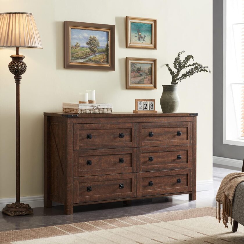 T4TREAM Farmhouse 6 Drawers Dresser Chests for Bedroom, Wood Rustic Wide Chset of Drawers,Storage Dressers Organizer for Bedroom, Living Room,Hallway, Light Rustic Oak - Image 8