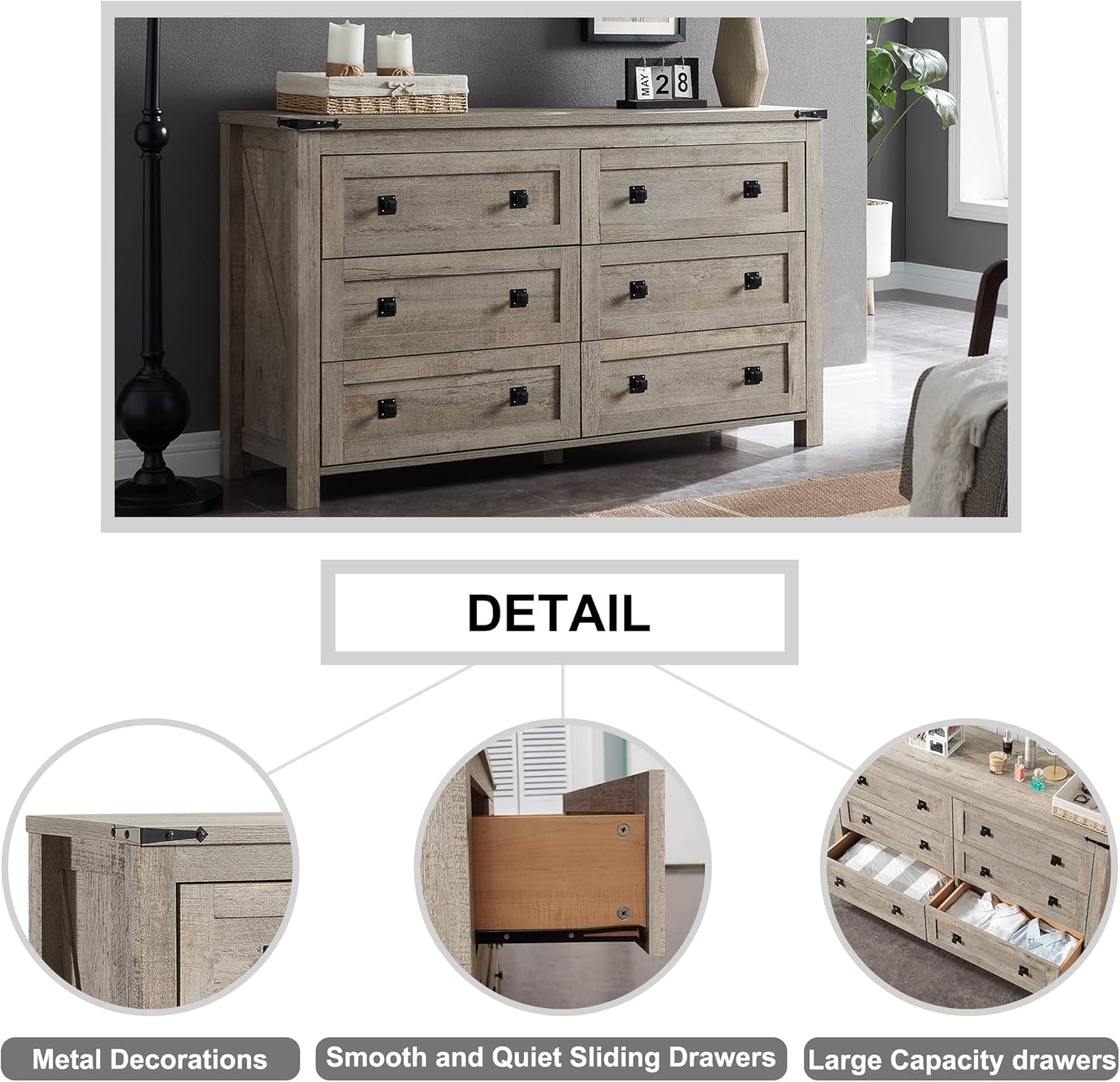 T4TREAM Farmhouse 6 Drawers Dresser Chests for Bedroom, Wood Rustic Wide Chset of Drawers,Storage Dressers Organizer for Bedroom, Living Room,Hallway, Light Rustic Oak - Image 5