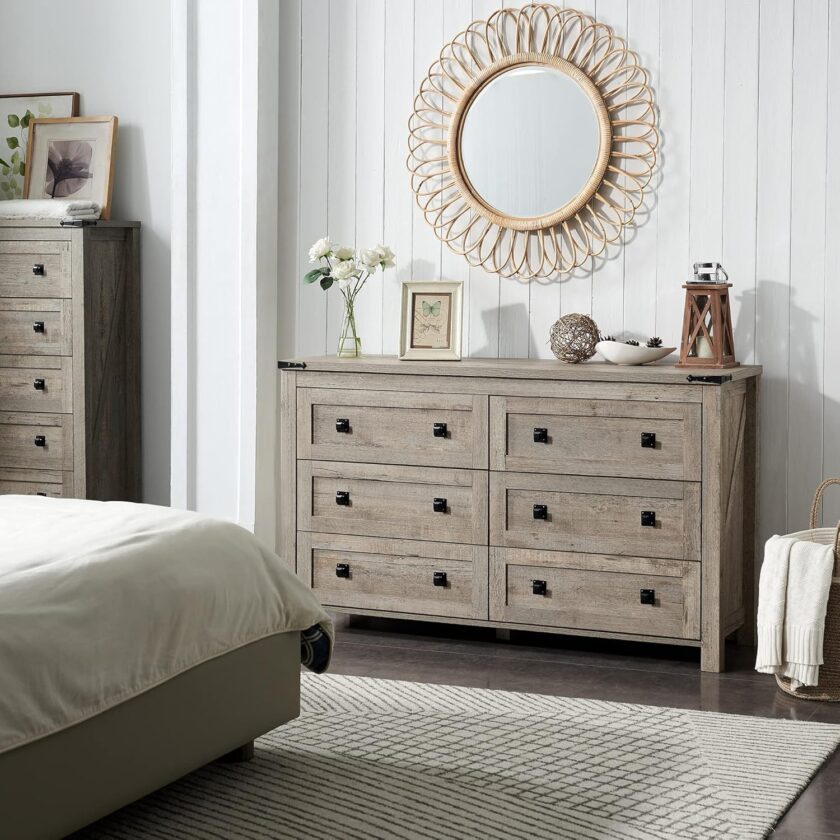 T4TREAM Farmhouse 6 Drawers Dresser Chests for Bedroom, Wood Rustic Wide Chset of Drawers,Storage Dressers Organizer for Bedroom, Living Room,Hallway, Light Rustic Oak - Image 3