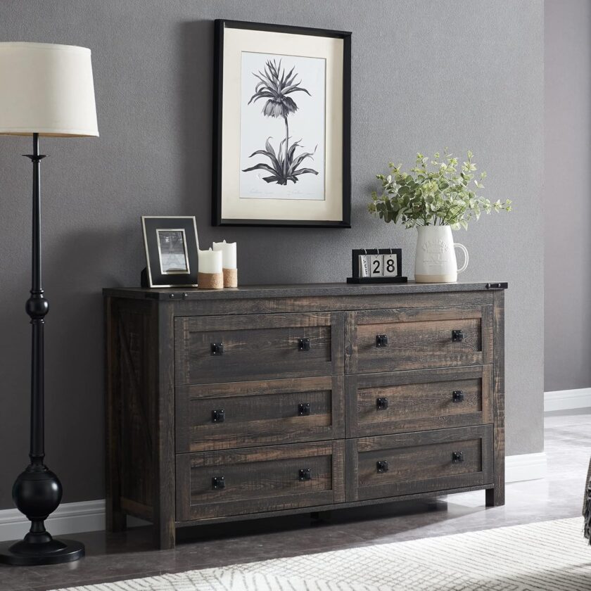 T4TREAM Farmhouse 6 Drawers Dresser Chests for Bedroom, Wood Rustic Wide Chset of Drawers,Storage Dressers Organizer for Bedroom, Living Room,Hallway, Light Rustic Oak - Image 7
