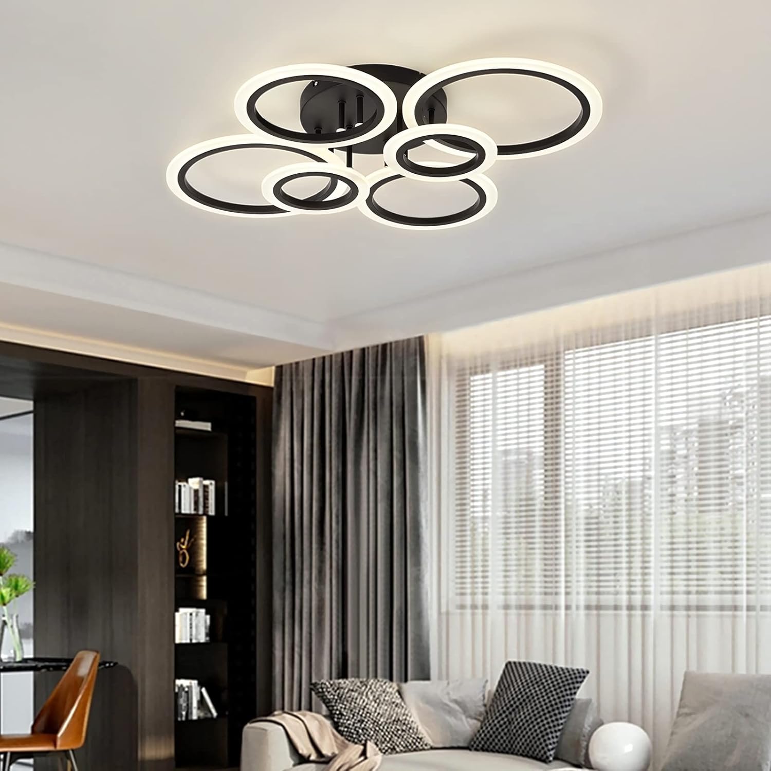 TEMINBU Modern LED Ceiling Light, Black 6 Rings Flush Mount Ceiling Light, 4000K Lighting Fixture Ceiling Lamp for Kitchen, Bedroom, Living Room, Laundry Room - Image 5