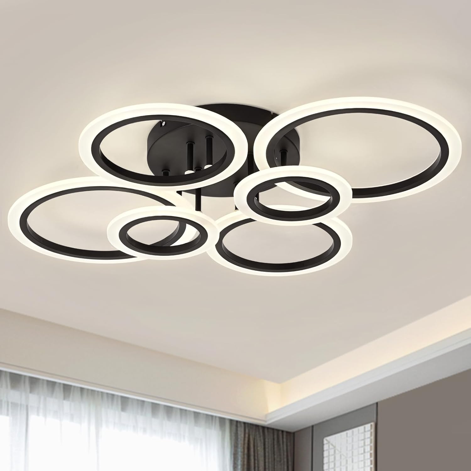 TEMINBU Modern LED Ceiling Light, Black 6 Rings Flush Mount Ceiling Light, 4000K Lighting Fixture Ceiling Lamp for Kitchen, Bedroom, Living Room, Laundry Room
