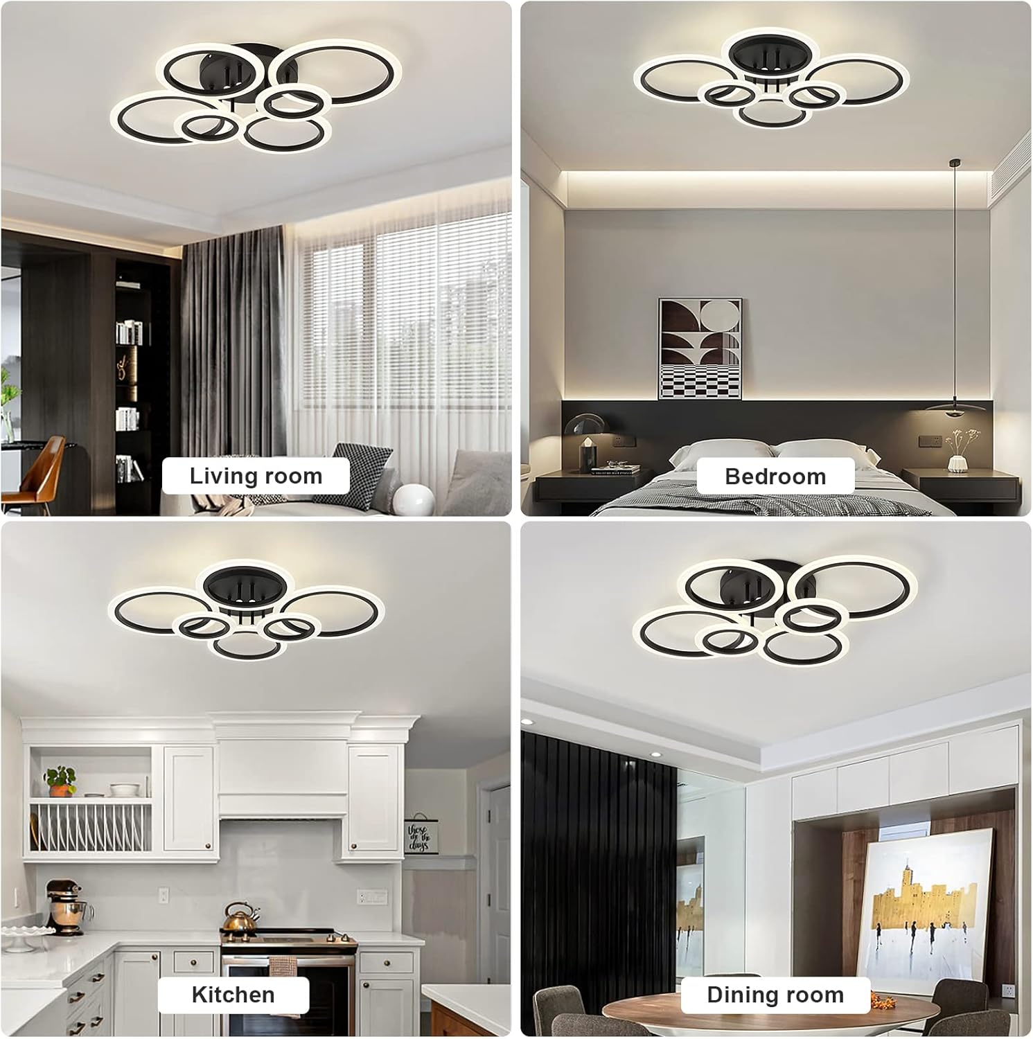 TEMINBU Modern LED Ceiling Light, Black 6 Rings Flush Mount Ceiling Light, 4000K Lighting Fixture Ceiling Lamp for Kitchen, Bedroom, Living Room, Laundry Room - Image 7