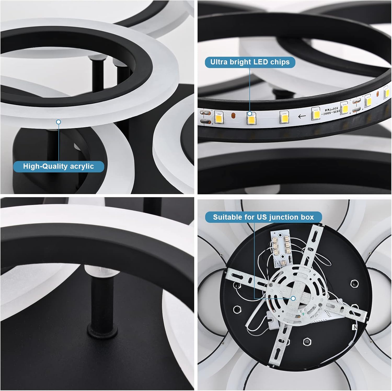 TEMINBU Modern LED Ceiling Light, Black 6 Rings Flush Mount Ceiling Light, 4000K Lighting Fixture Ceiling Lamp for Kitchen, Bedroom, Living Room, Laundry Room - Image 6