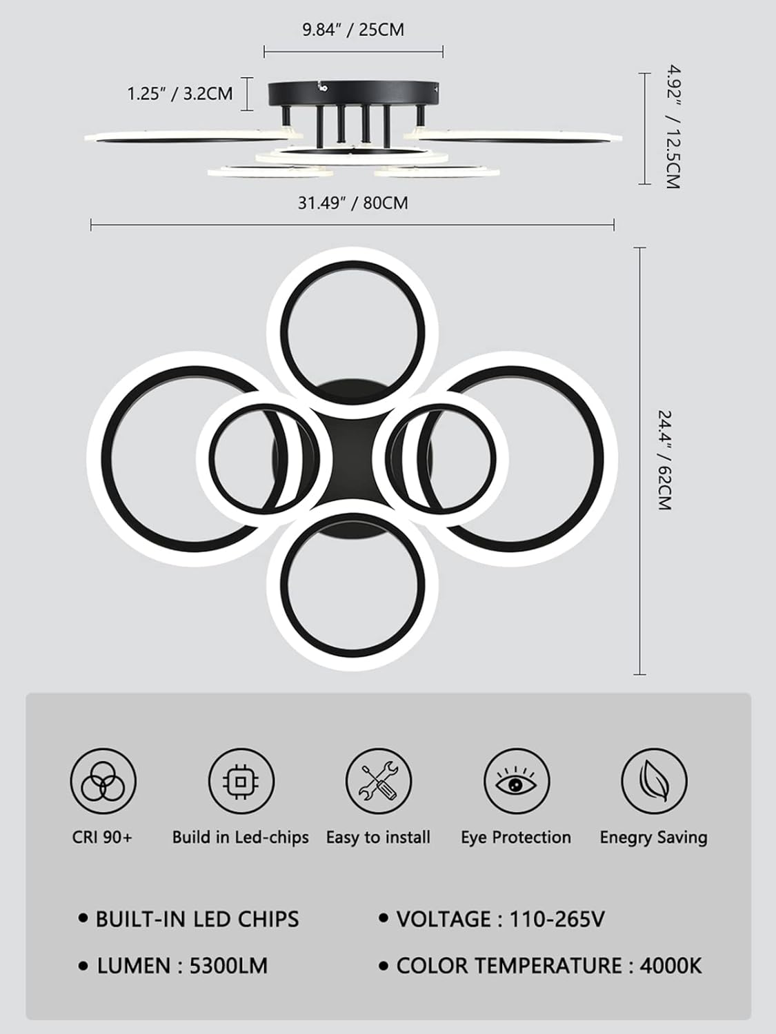 TEMINBU Modern LED Ceiling Light, Black 6 Rings Flush Mount Ceiling Light, 4000K Lighting Fixture Ceiling Lamp for Kitchen, Bedroom, Living Room, Laundry Room - Image 4