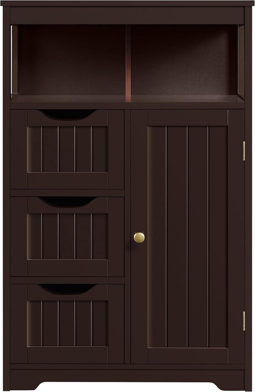 Topeakmart Wood Bathroom Floor Cabinet, Free Standing Storage Cabinet with 3 Drawers and Cupboard, Hallway\/Entryway Cabinet, Living Room Accent Furniture, Espresso