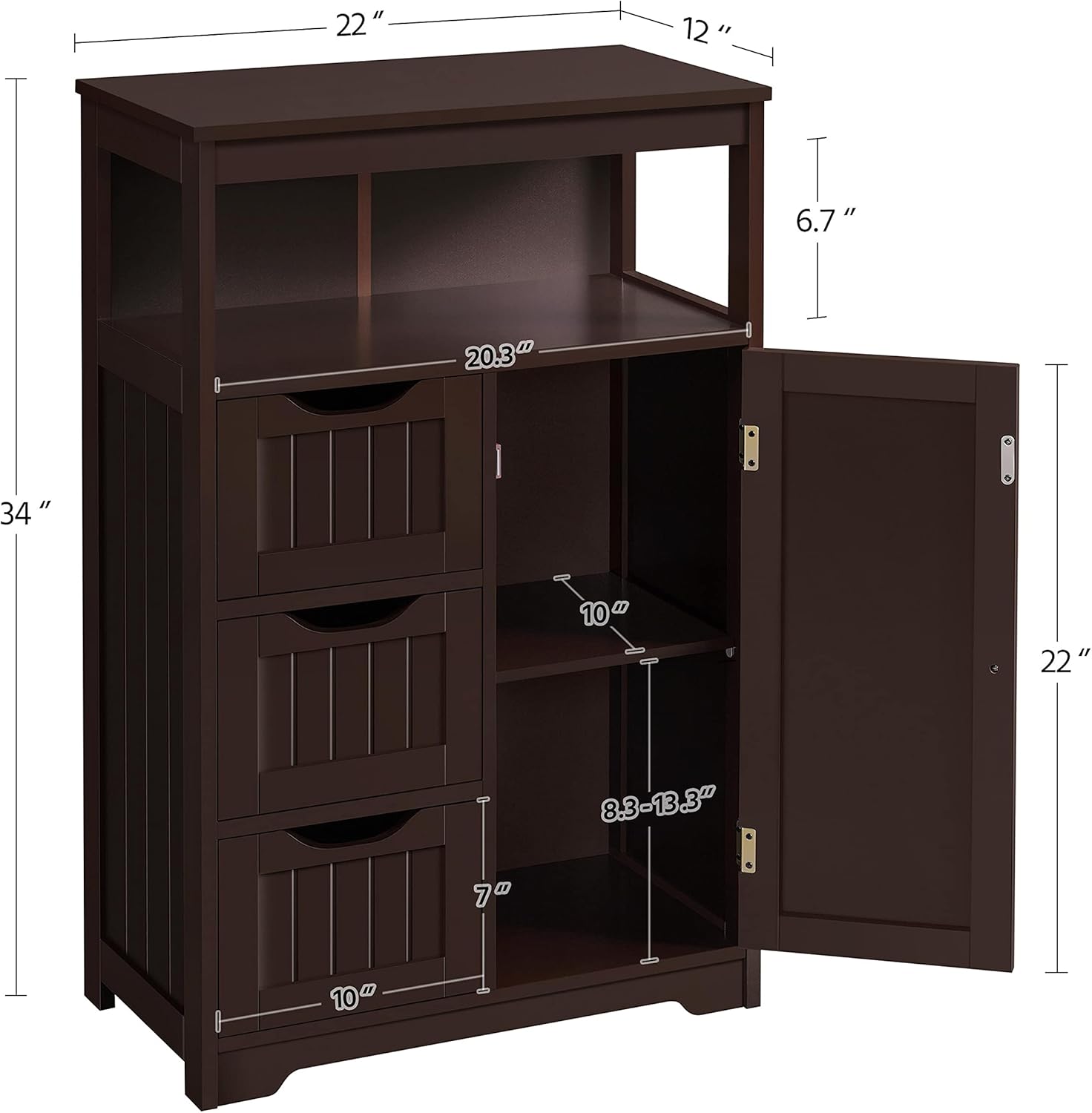 Topeakmart Wood Bathroom Floor Cabinet, Free Standing Storage Cabinet with 3 Drawers and Cupboard, Hallway\/Entryway Cabinet, Living Room Accent Furniture, Espresso - Image 2