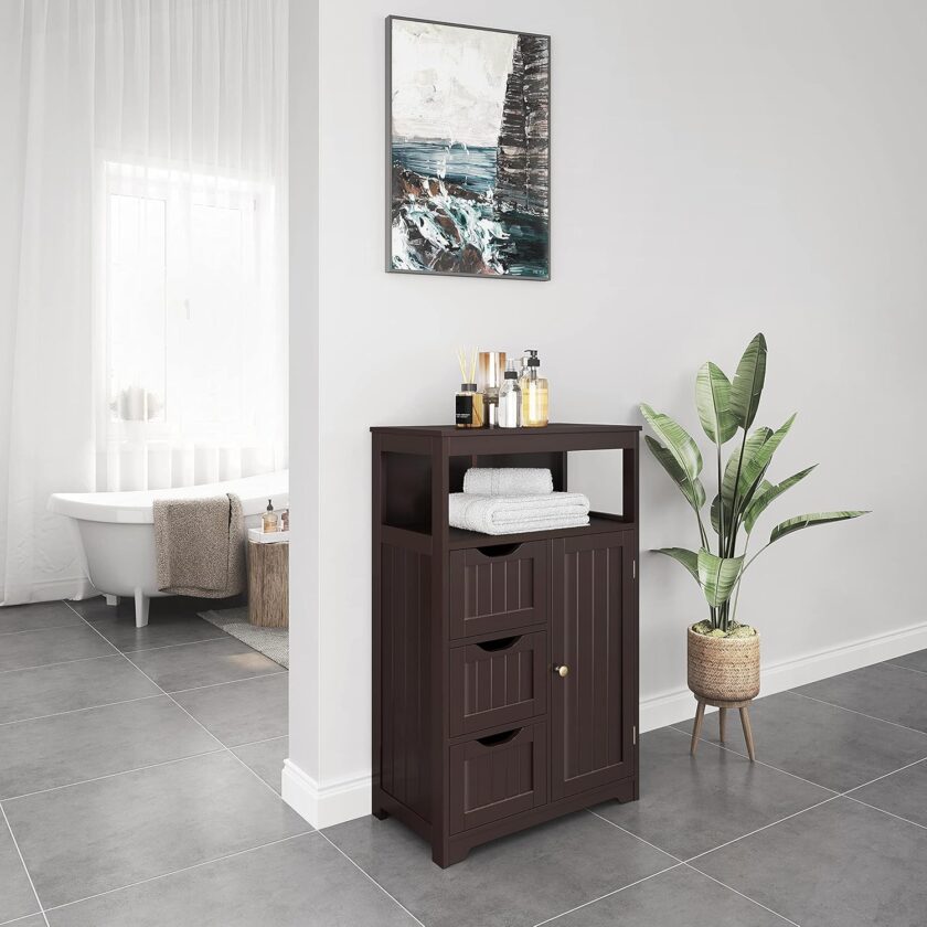 Topeakmart Wood Bathroom Floor Cabinet, Free Standing Storage Cabinet with 3 Drawers and Cupboard, Hallway\/Entryway Cabinet, Living Room Accent Furniture, Espresso - Image 5