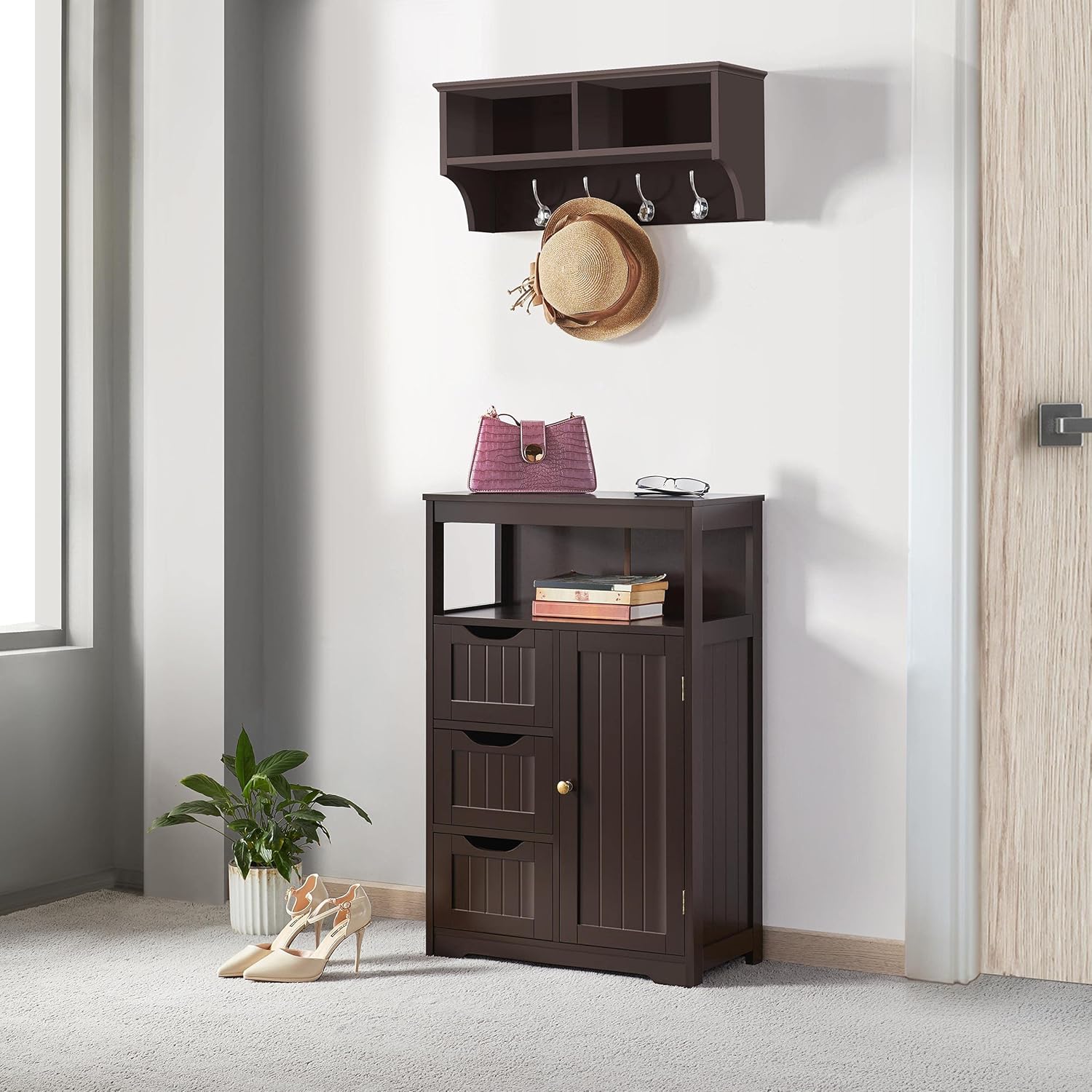 Topeakmart Wood Bathroom Floor Cabinet, Free Standing Storage Cabinet with 3 Drawers and Cupboard, Hallway\/Entryway Cabinet, Living Room Accent Furniture, Espresso - Image 6