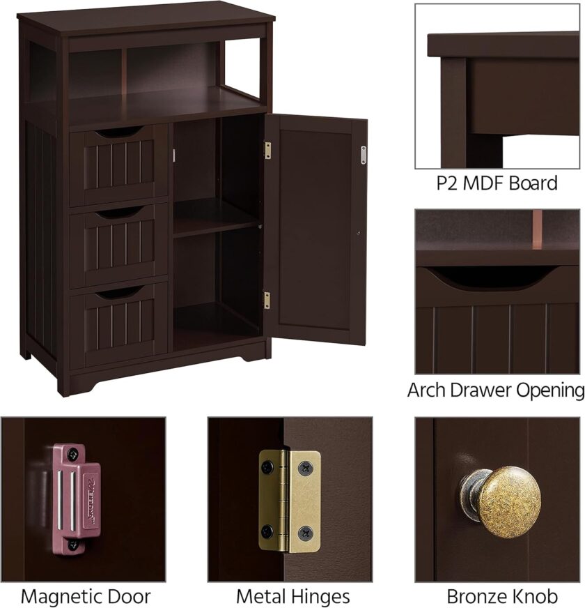 Topeakmart Wood Bathroom Floor Cabinet, Free Standing Storage Cabinet with 3 Drawers and Cupboard, Hallway\/Entryway Cabinet, Living Room Accent Furniture, Espresso - Image 4