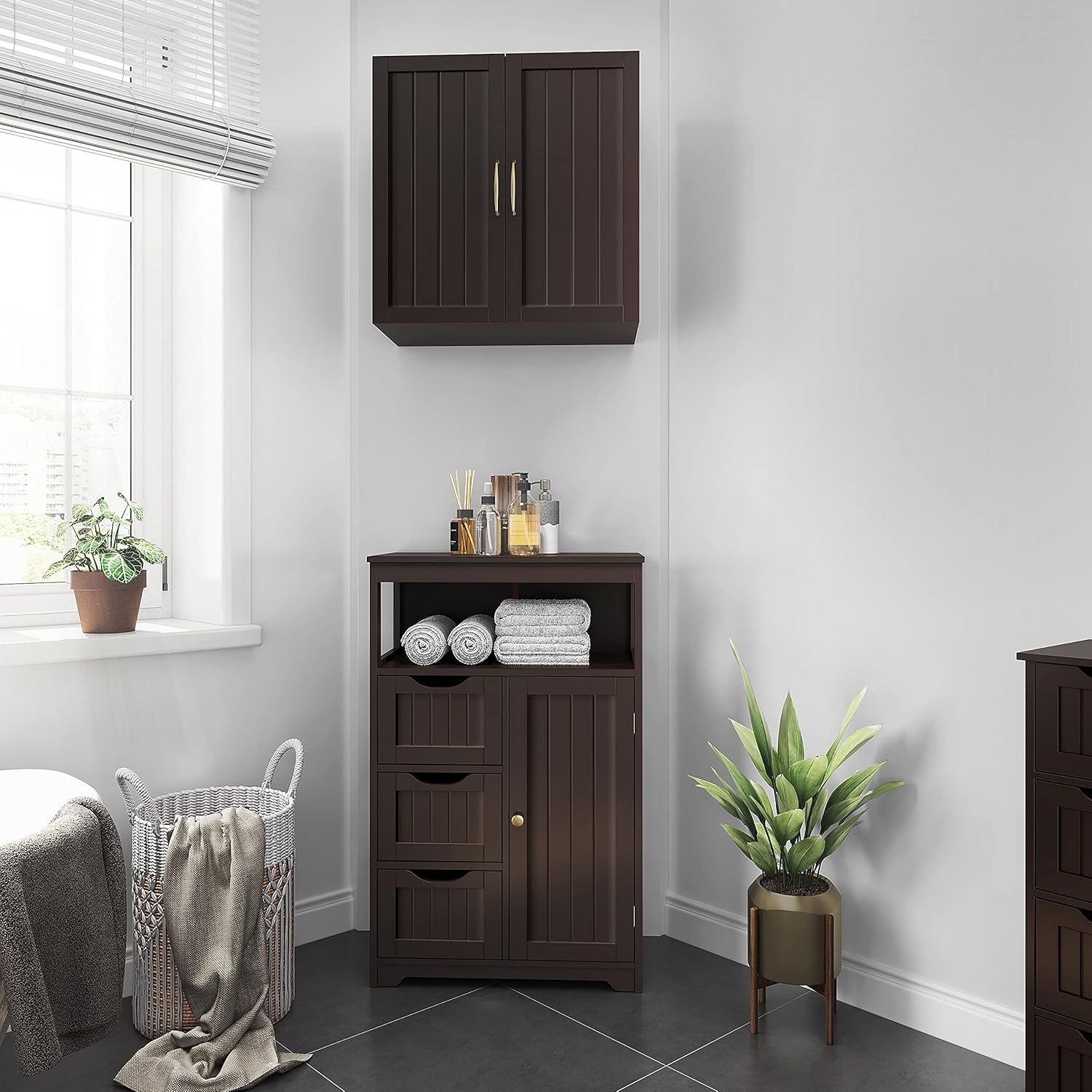 Topeakmart Wood Bathroom Floor Cabinet, Free Standing Storage Cabinet with 3 Drawers and Cupboard, Hallway\/Entryway Cabinet, Living Room Accent Furniture, Espresso - Image 3