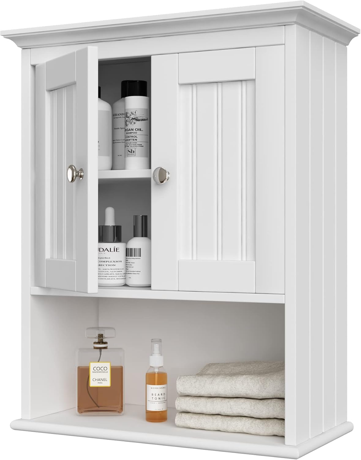 Treocho Wood Wall Cabinet, Bathroom Medicine Cabinet Storage with Doors and Adjustable Shelf, Rustic Cabinet Wall Mounted for Bathroom, Livingroom, Kitchen, Cupboard, White