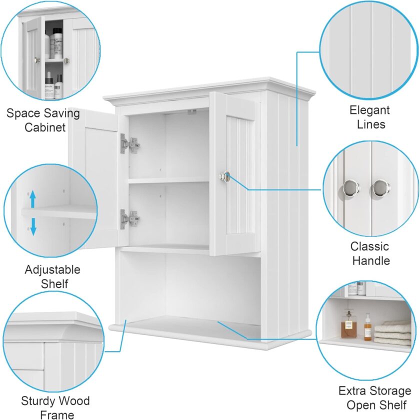 Treocho Wood Wall Cabinet, Bathroom Medicine Cabinet Storage with Doors and Adjustable Shelf, Rustic Cabinet Wall Mounted for Bathroom, Livingroom, Kitchen, Cupboard, White - Image 5