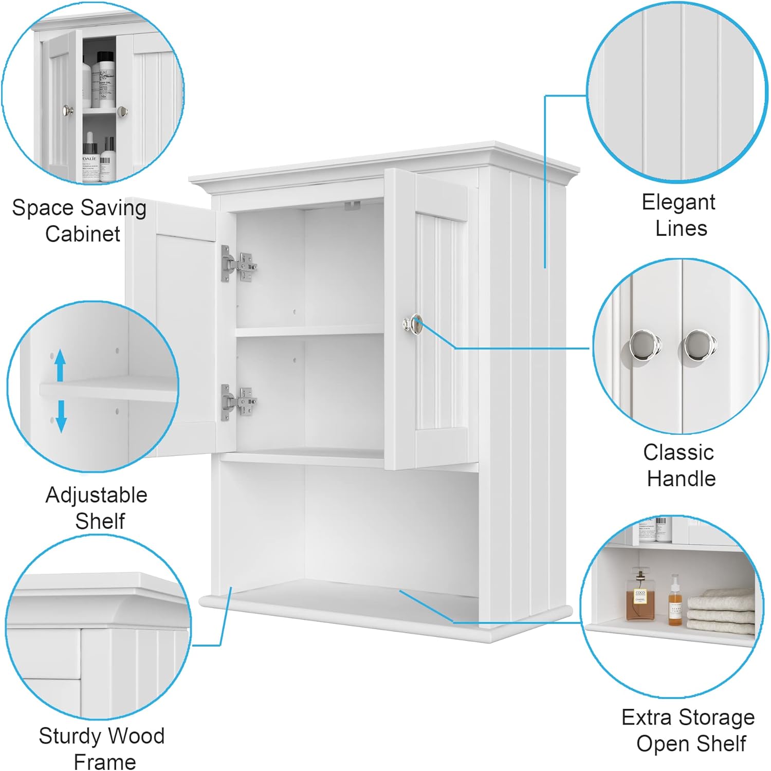 Treocho Wood Wall Cabinet, Bathroom Medicine Cabinet Storage with Doors and Adjustable Shelf, Rustic Cabinet Wall Mounted for Bathroom, Livingroom, Kitchen, Cupboard, White - Image 5