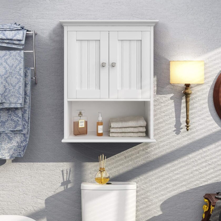 Treocho Wood Wall Cabinet, Bathroom Medicine Cabinet Storage with Doors and Adjustable Shelf, Rustic Cabinet Wall Mounted for Bathroom, Livingroom, Kitchen, Cupboard, White - Image 2