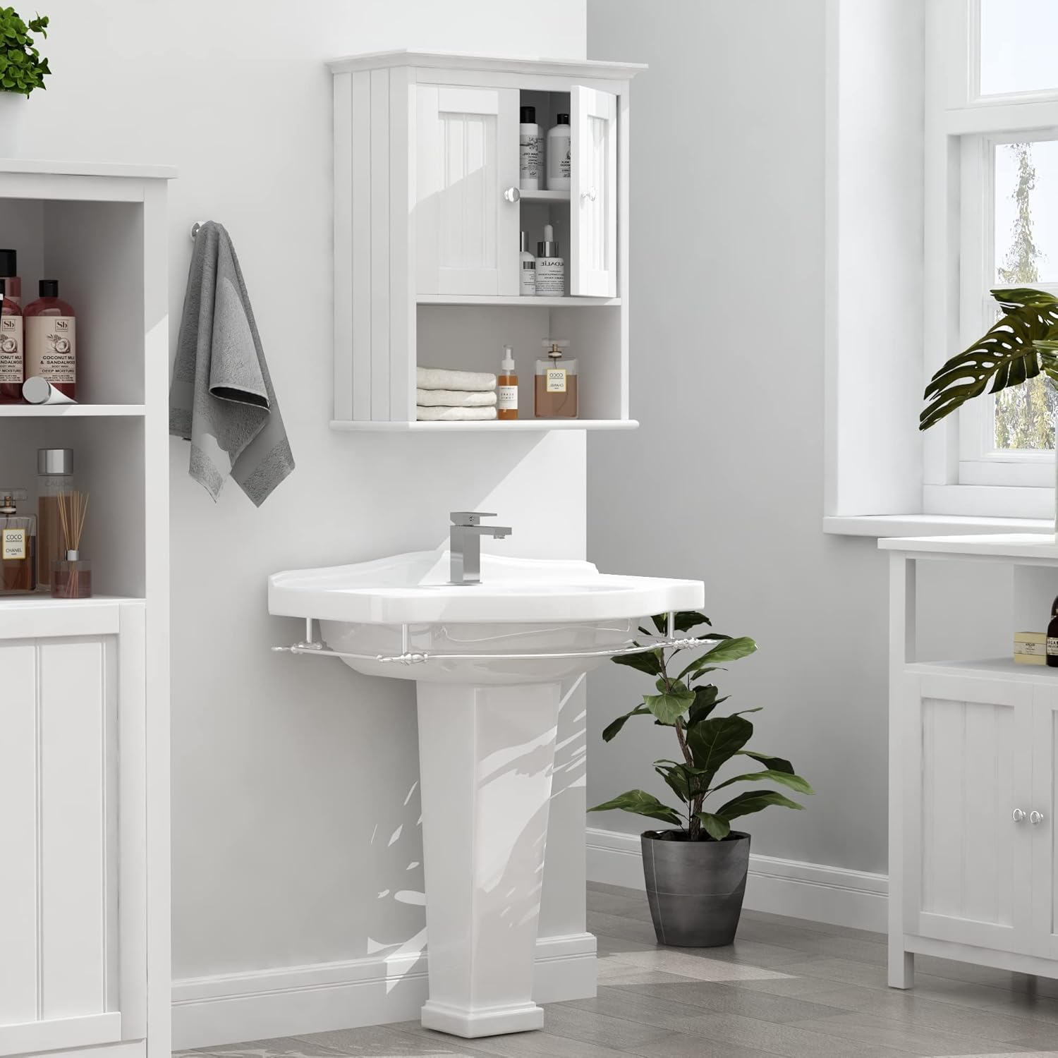 Treocho Wood Wall Cabinet, Bathroom Medicine Cabinet Storage with Doors and Adjustable Shelf, Rustic Cabinet Wall Mounted for Bathroom, Livingroom, Kitchen, Cupboard, White - Image 4