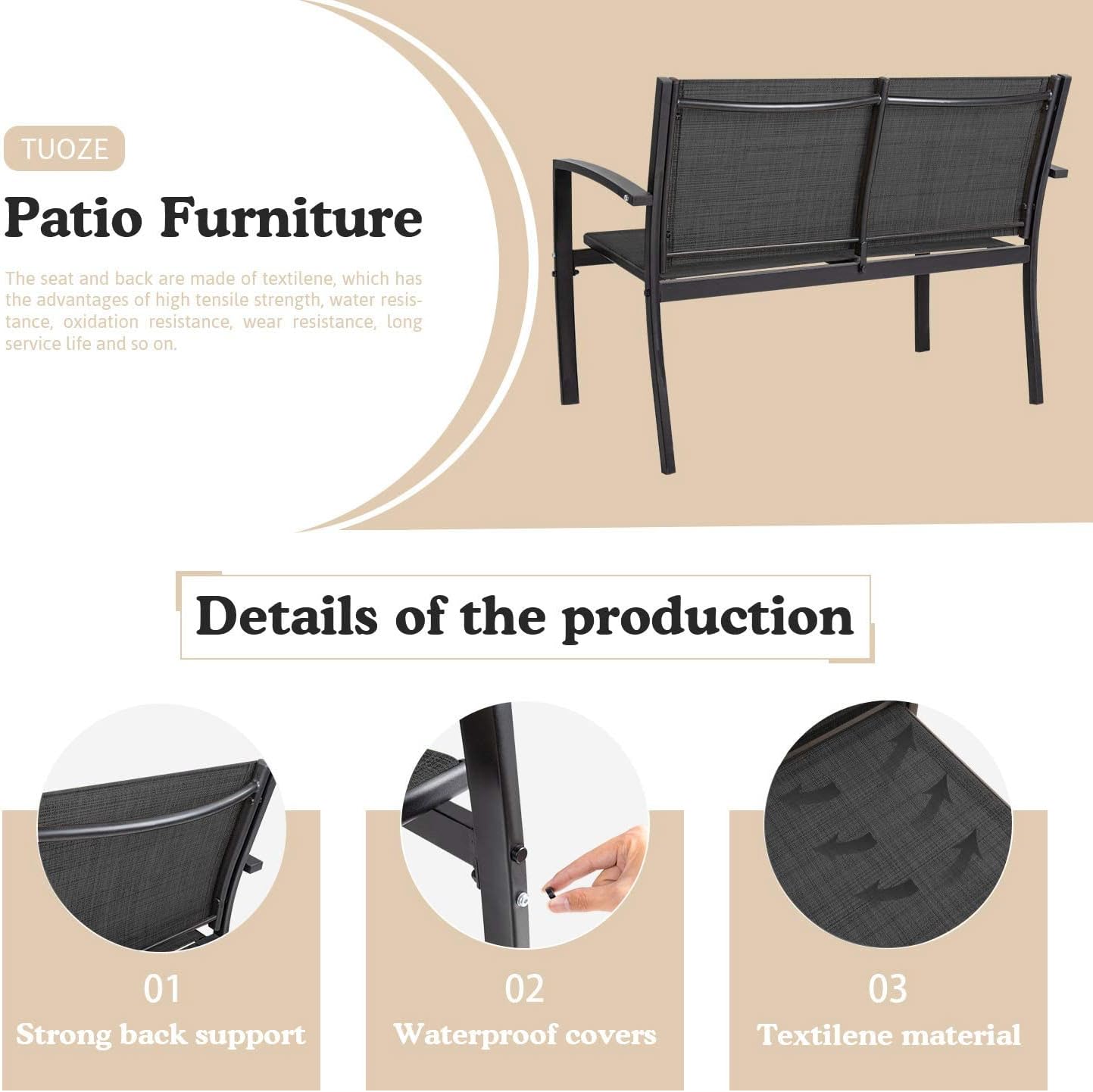 Tuoze 4 Pieces Patio Furniture Set Outdoor Conversation Set with Glass Coffee Table Bistro Set with Loveseat Garden Yard Lawn and Balcony (Black) - Image 3