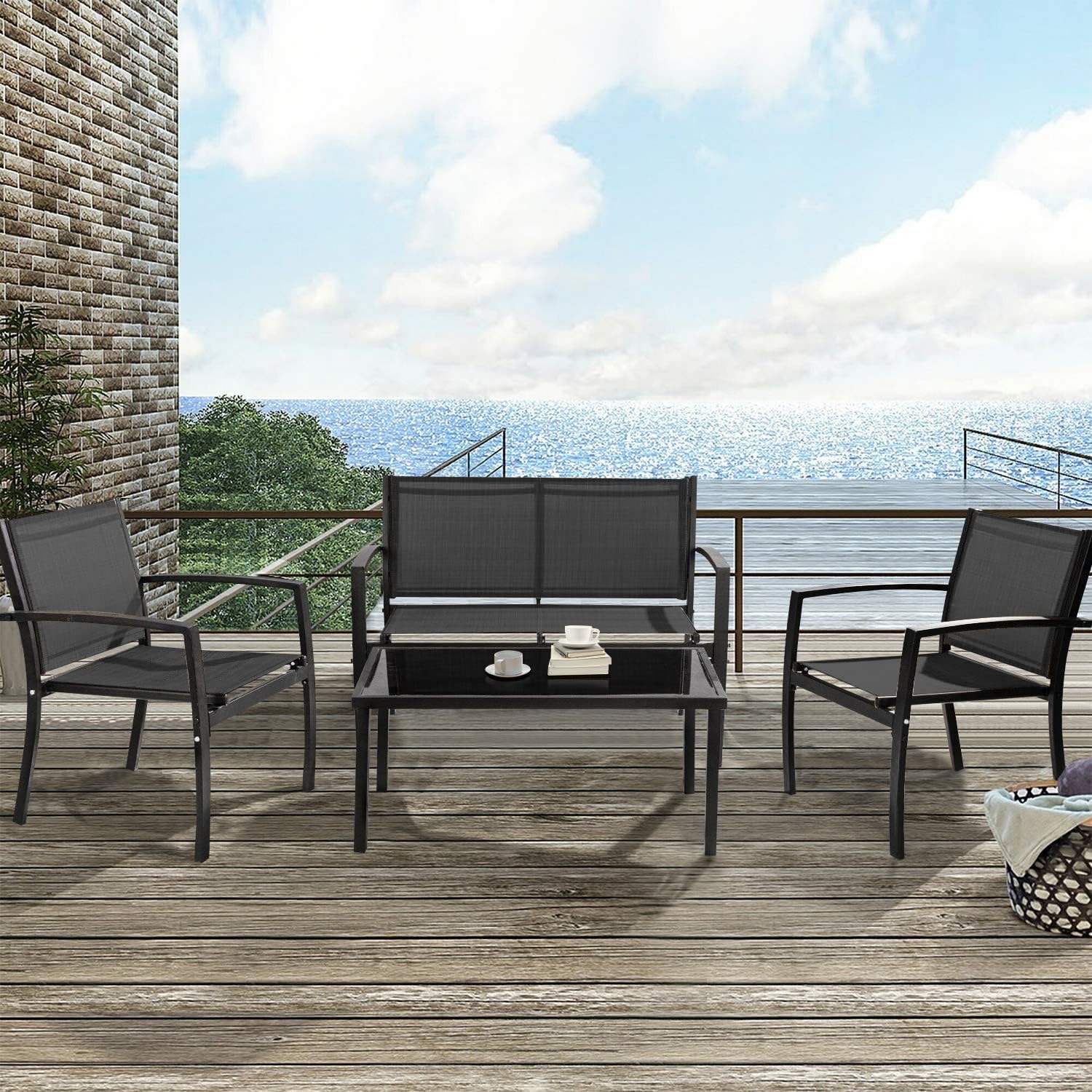 Tuoze 4 Pieces Patio Furniture Set Outdoor Conversation Set with Glass Coffee Table Bistro Set with Loveseat Garden Yard Lawn and Balcony (Black) - Image 2