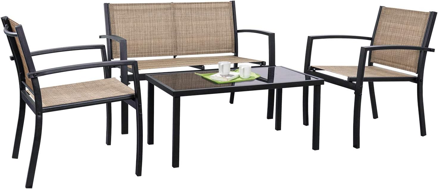 Tuoze 4 Pieces Patio Furniture Set Outdoor Conversation Set with Glass Coffee Table Bistro Set with Loveseat Garden Yard Lawn and Balcony (Black) - Image 9