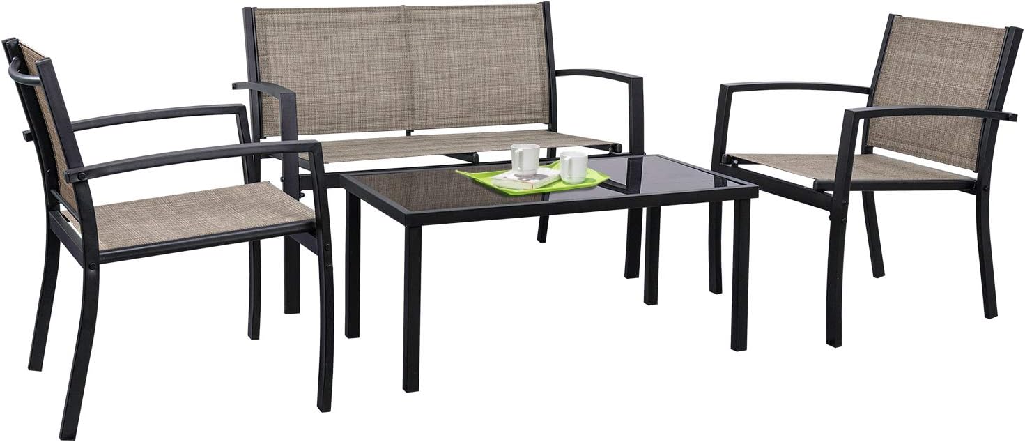 Tuoze 4 Pieces Patio Furniture Set Outdoor Conversation Set with Glass Coffee Table Bistro Set with Loveseat Garden Yard Lawn and Balcony (Black) - Image 8