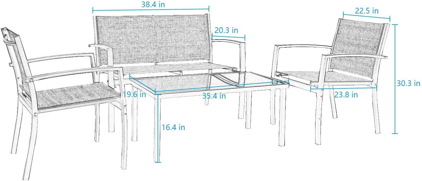 Tuoze 4 Pieces Patio Furniture Set Outdoor Conversation Set with Glass Coffee Table Bistro Set with Loveseat Garden Yard Lawn and Balcony (Black) - Image 7