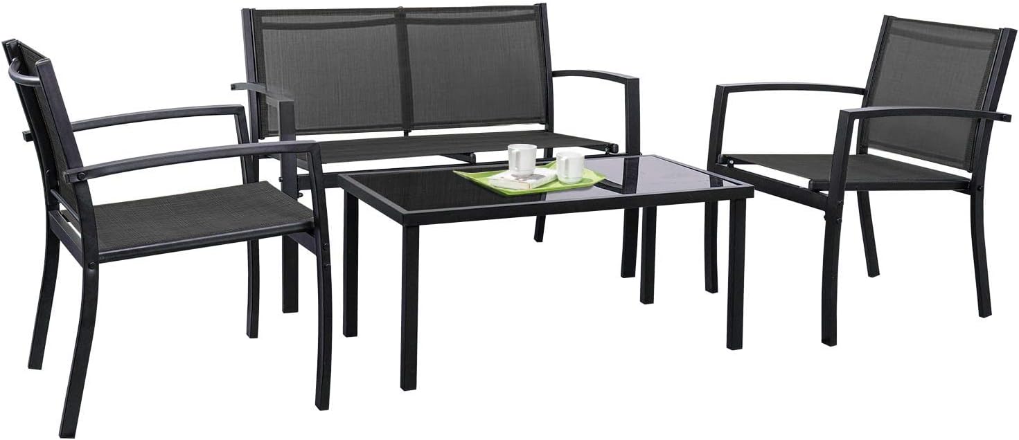 Tuoze 4 Pieces Patio Furniture Set Outdoor Conversation Set with Glass Coffee Table Bistro Set with Loveseat Garden Yard Lawn and Balcony (Black)