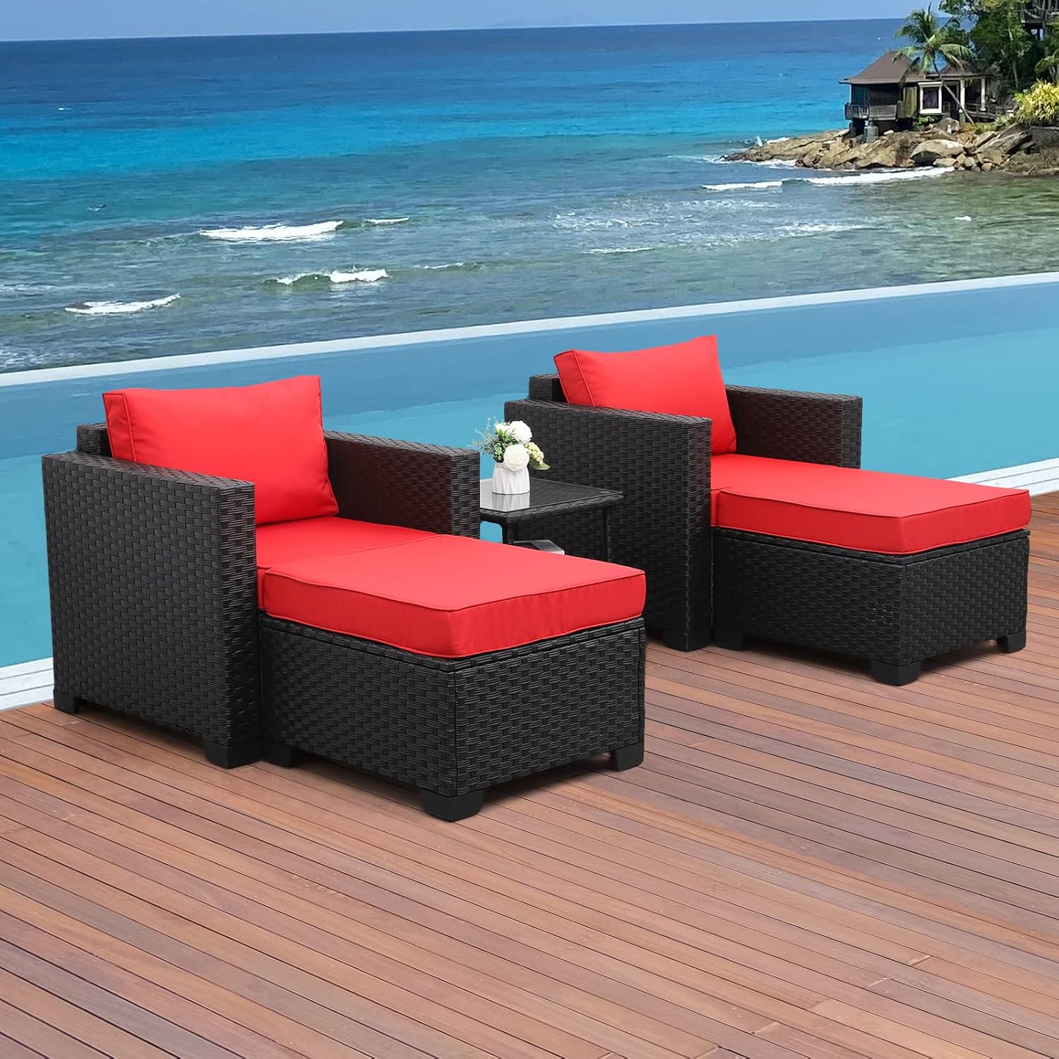 Valita 5-Piece Outdoor PE Wicker Furniture Set, Patio Sectional Chaise Lounge Black All Weather Resin Rattan Chairs and Ottomans,Storage Table Conversation Sofa with Non-Slip Gray Washable Cushions - Image 11