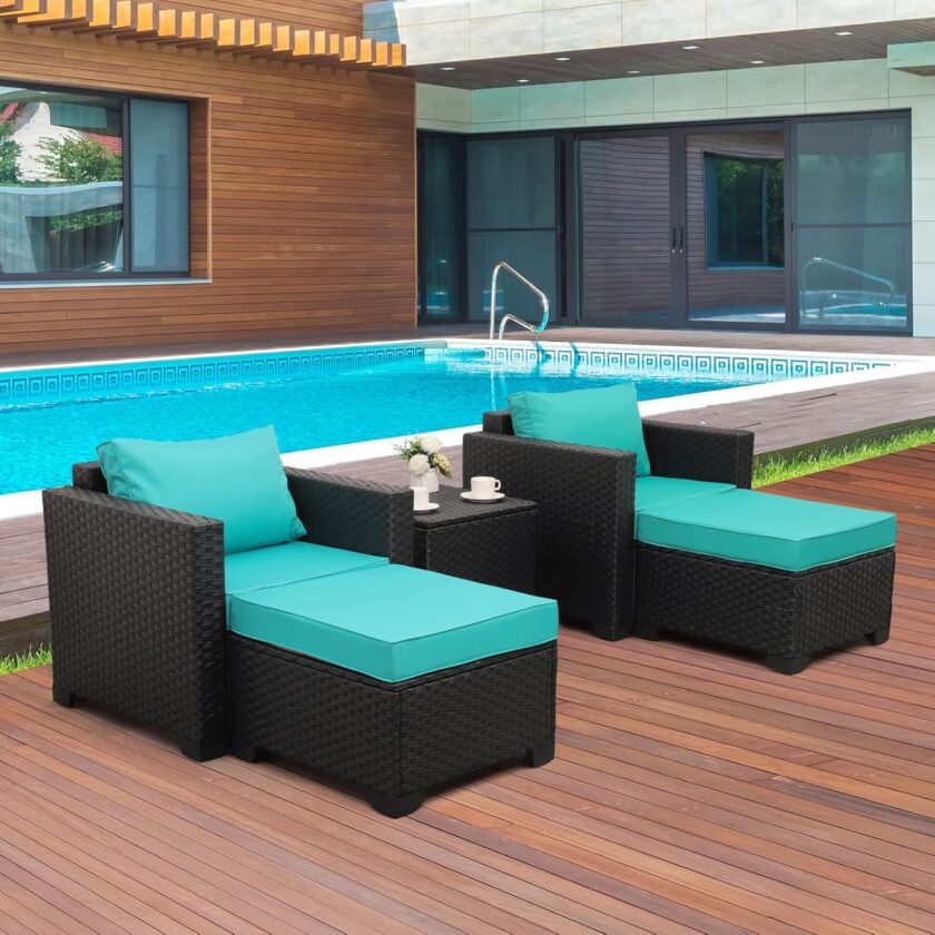 Valita 5-Piece Outdoor PE Wicker Furniture Set, Patio Sectional Chaise Lounge Black All Weather Resin Rattan Chairs and Ottomans,Storage Table Conversation Sofa with Non-Slip Gray Washable Cushions - Image 9