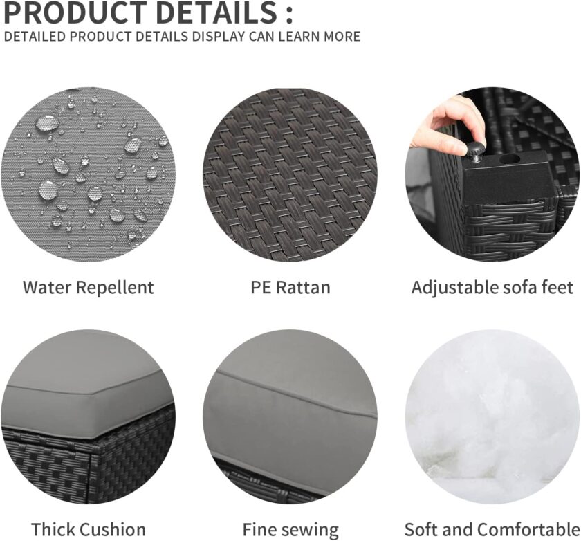 Valita 5-Piece Outdoor PE Wicker Furniture Set, Patio Sectional Chaise Lounge Black All Weather Resin Rattan Chairs and Ottomans,Storage Table Conversation Sofa with Non-Slip Gray Washable Cushions - Image 4